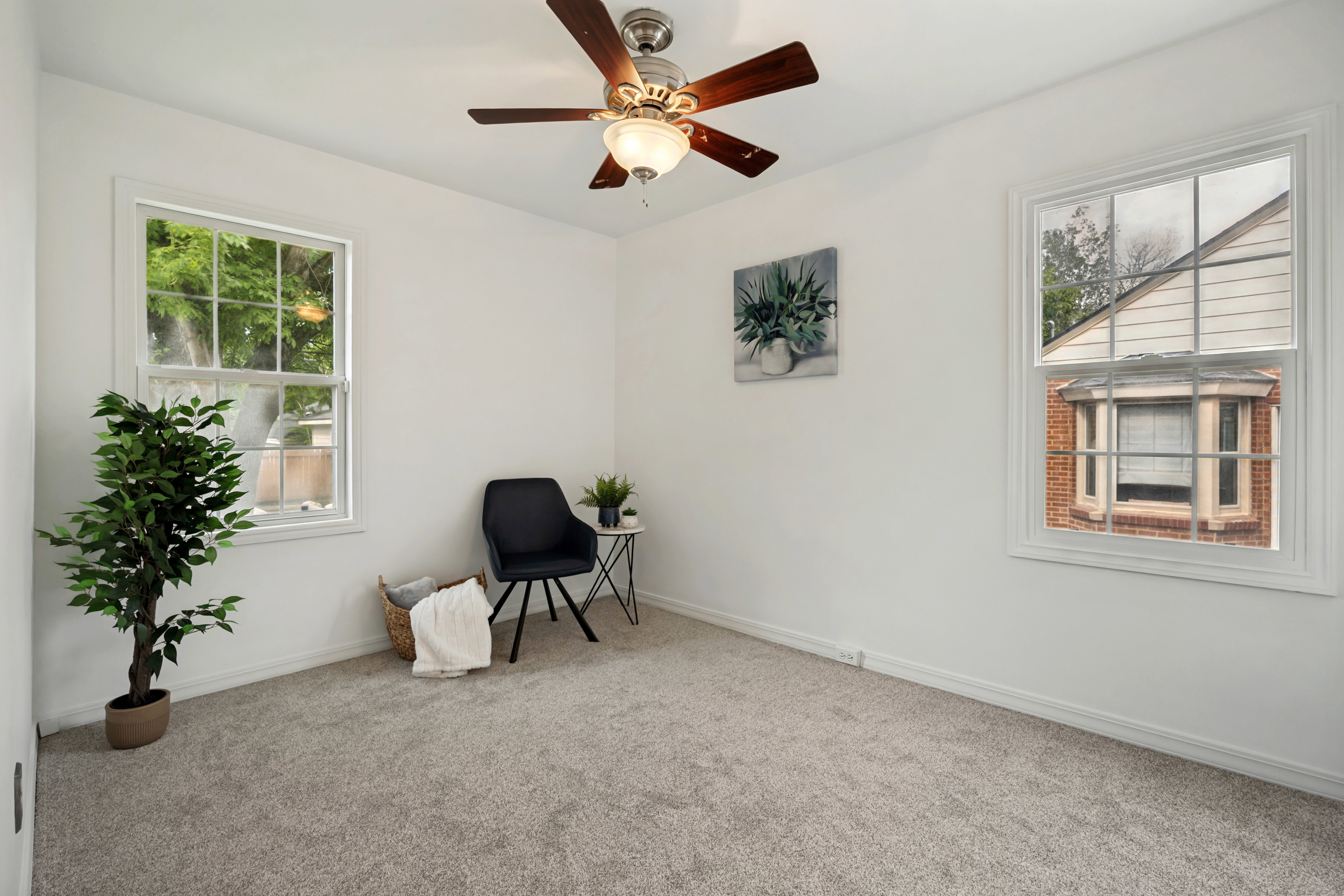 Bright room featuring two large windows, neutral-toned carpeting, and a ceiling fan with light fixture