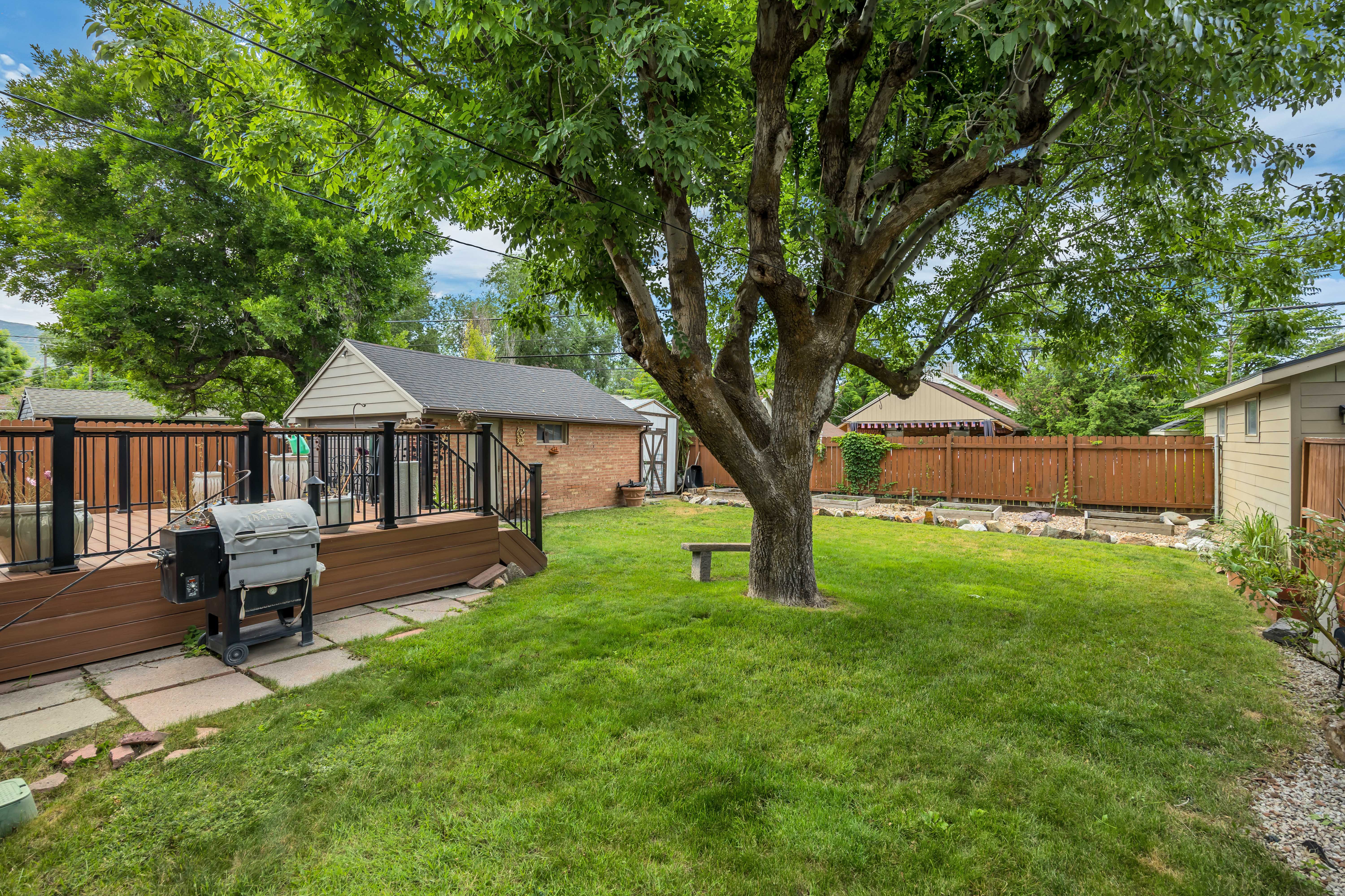 Expansive backyard featuring a large tree, a composite deck with black railings, and a manicured lawn