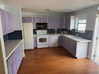 Kitchen featuring  painted cabinetry with white solid surface countertops, integrated double sink, tiled backsplash, and wood flooring