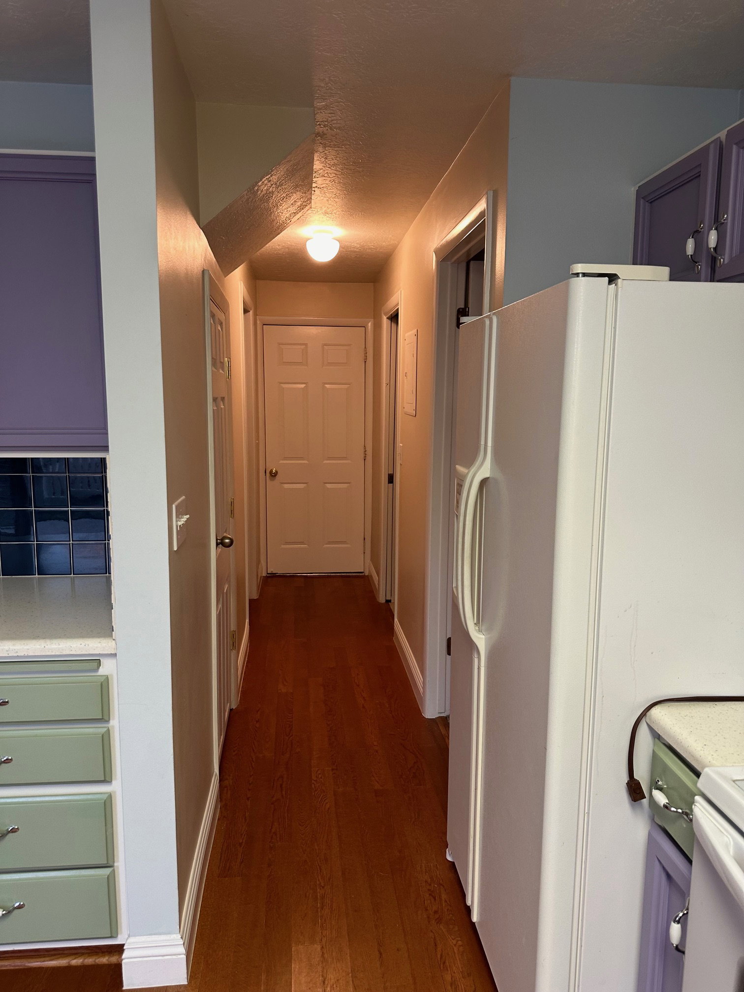 Hallway featuring wood-finish flooring, flush mount lighting, and white baseboards