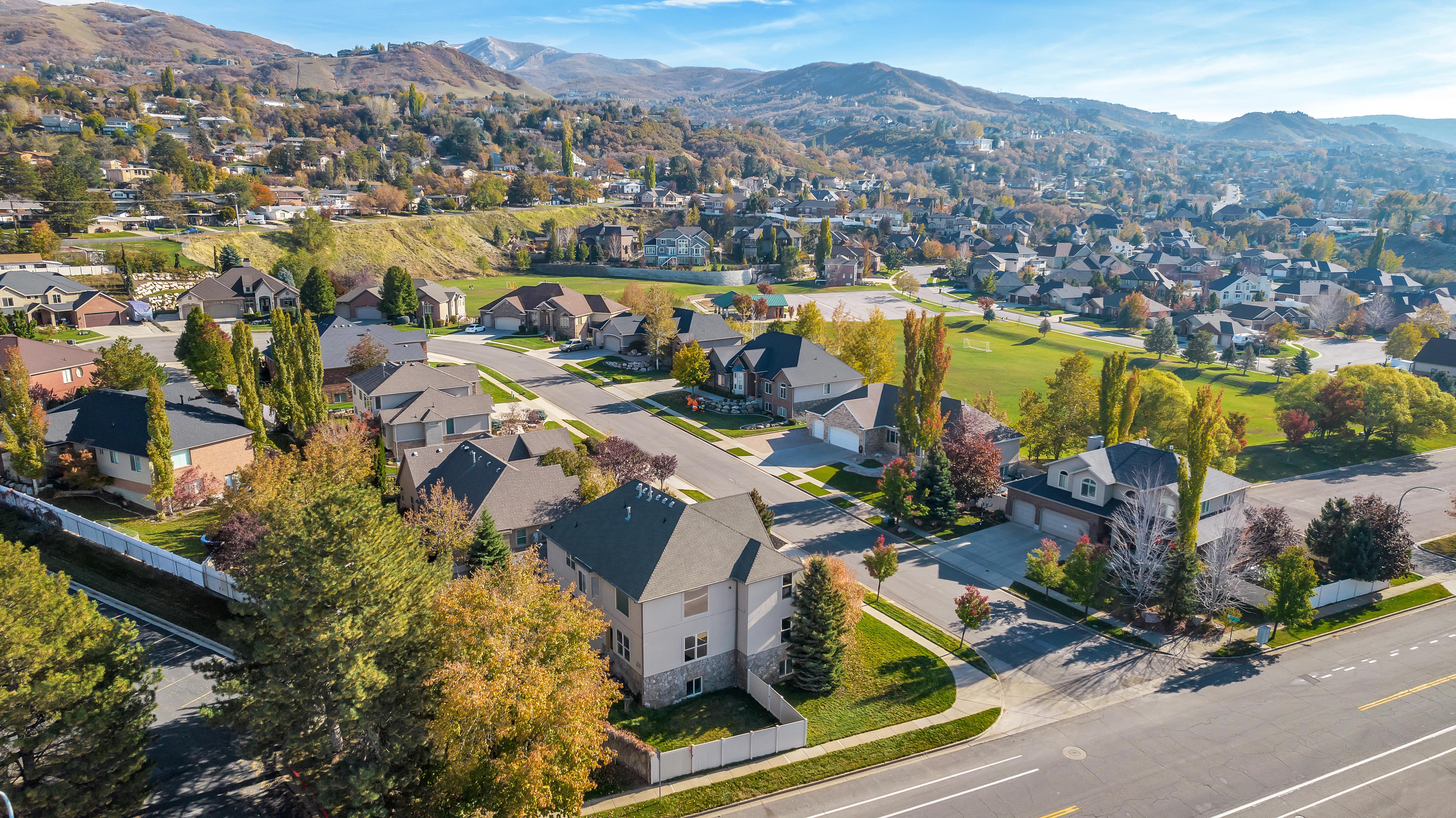 Aerial perspective showcasing a residential neighborhood with varied architectural styles