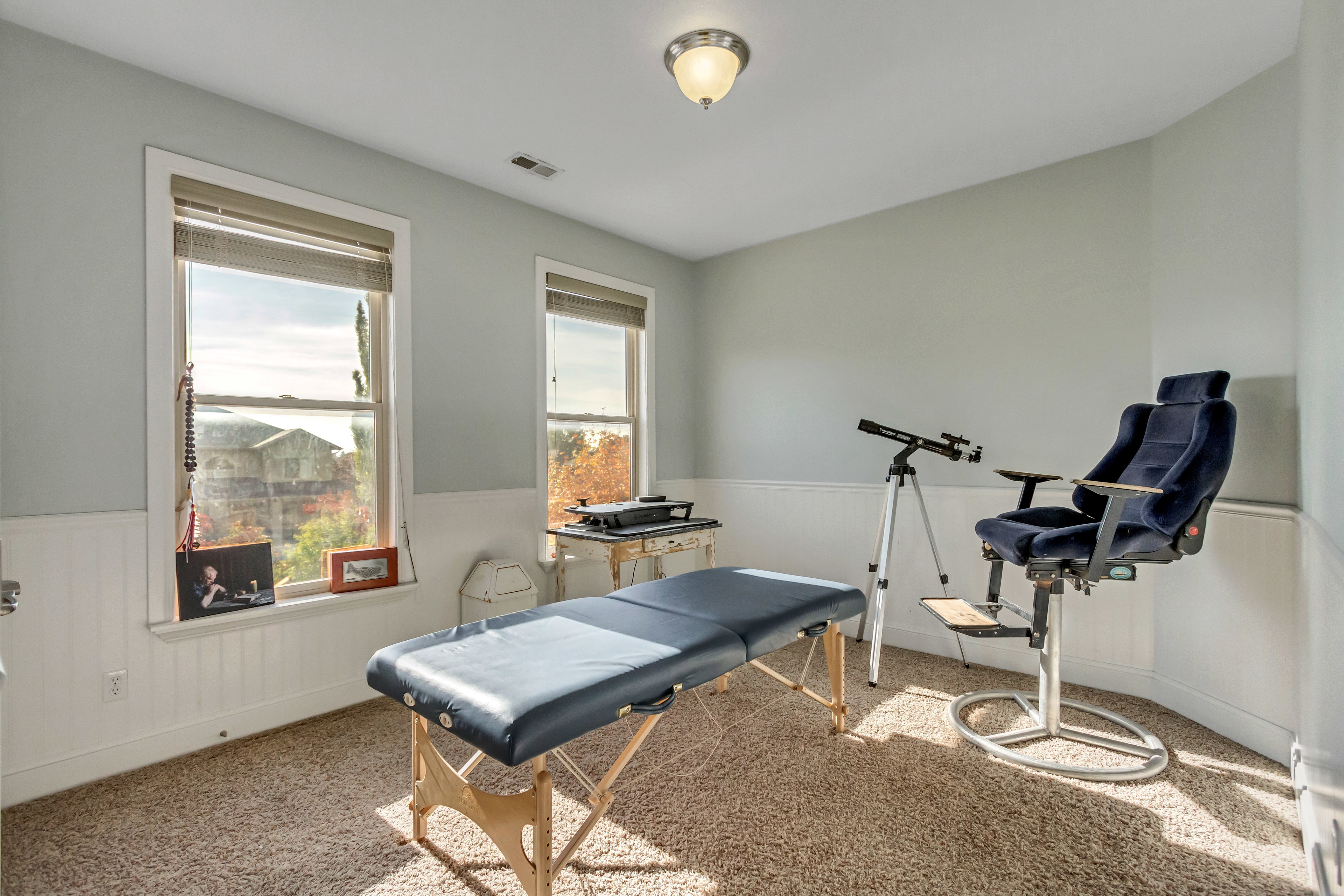 Room with wainscoting and light-colored carpeting, featuring two windows with natural light
