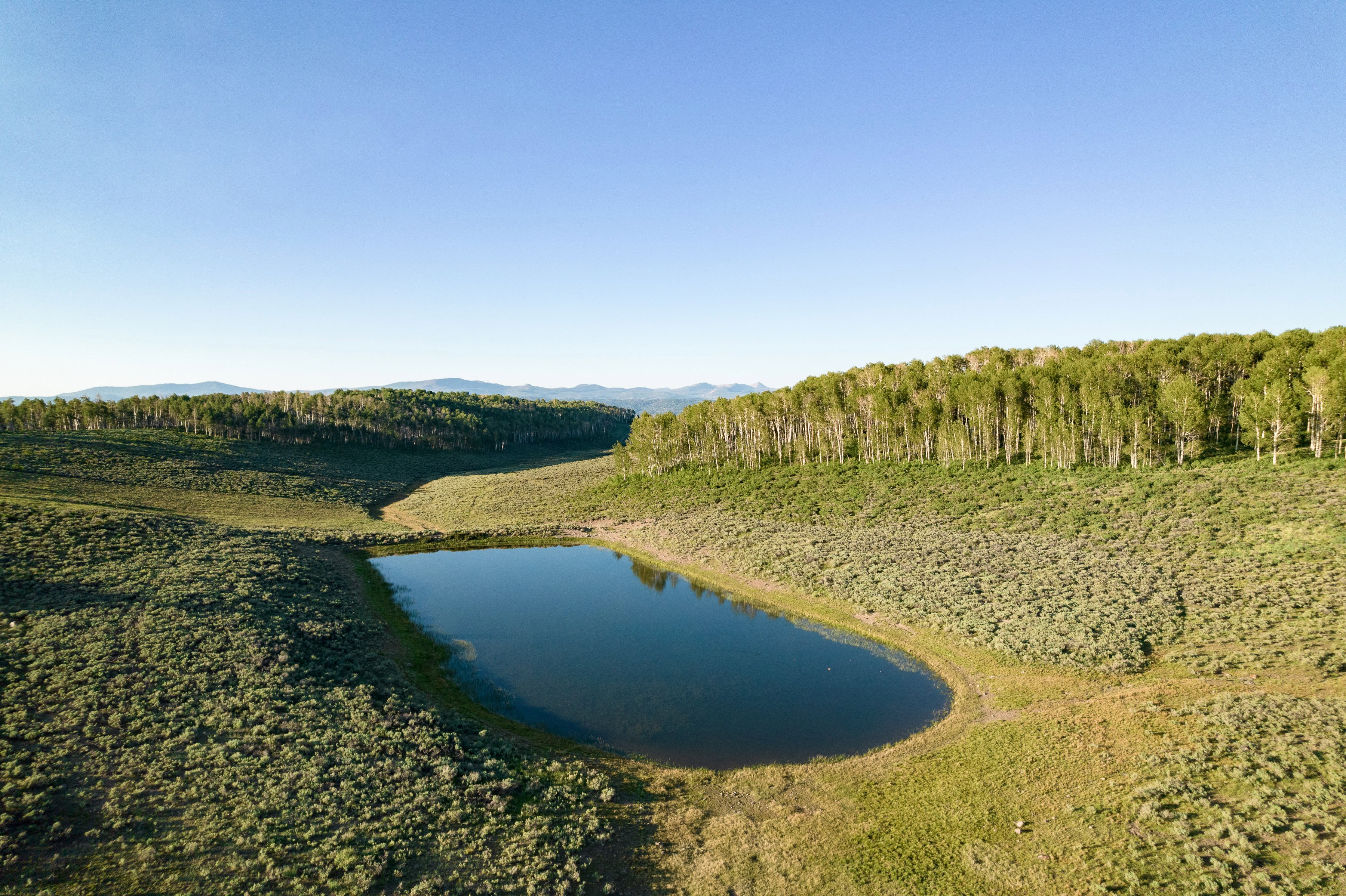 Natural water feature surrounded by sloped terrain and varied vegetation