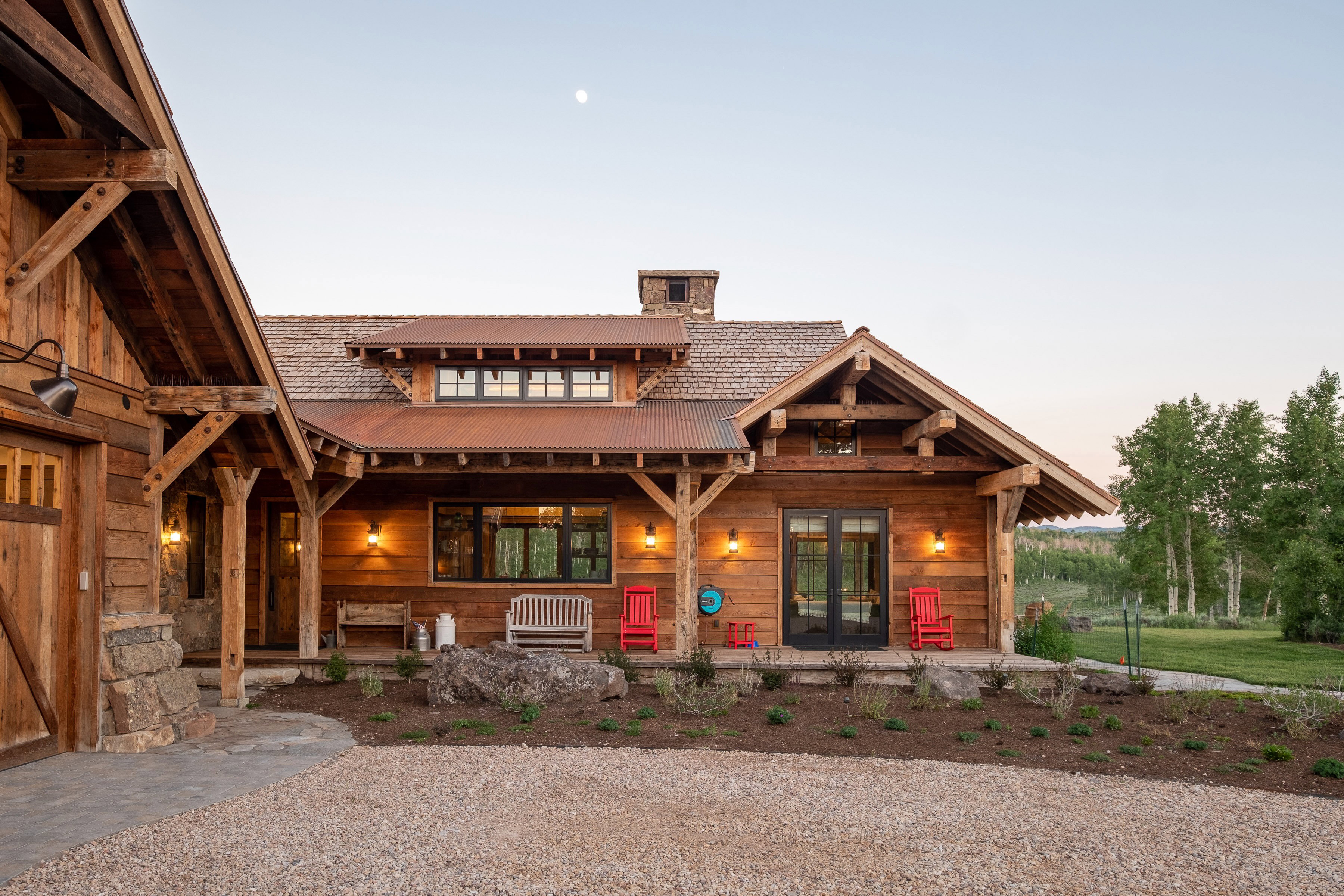 Rustic timber-frame construction with stone accents