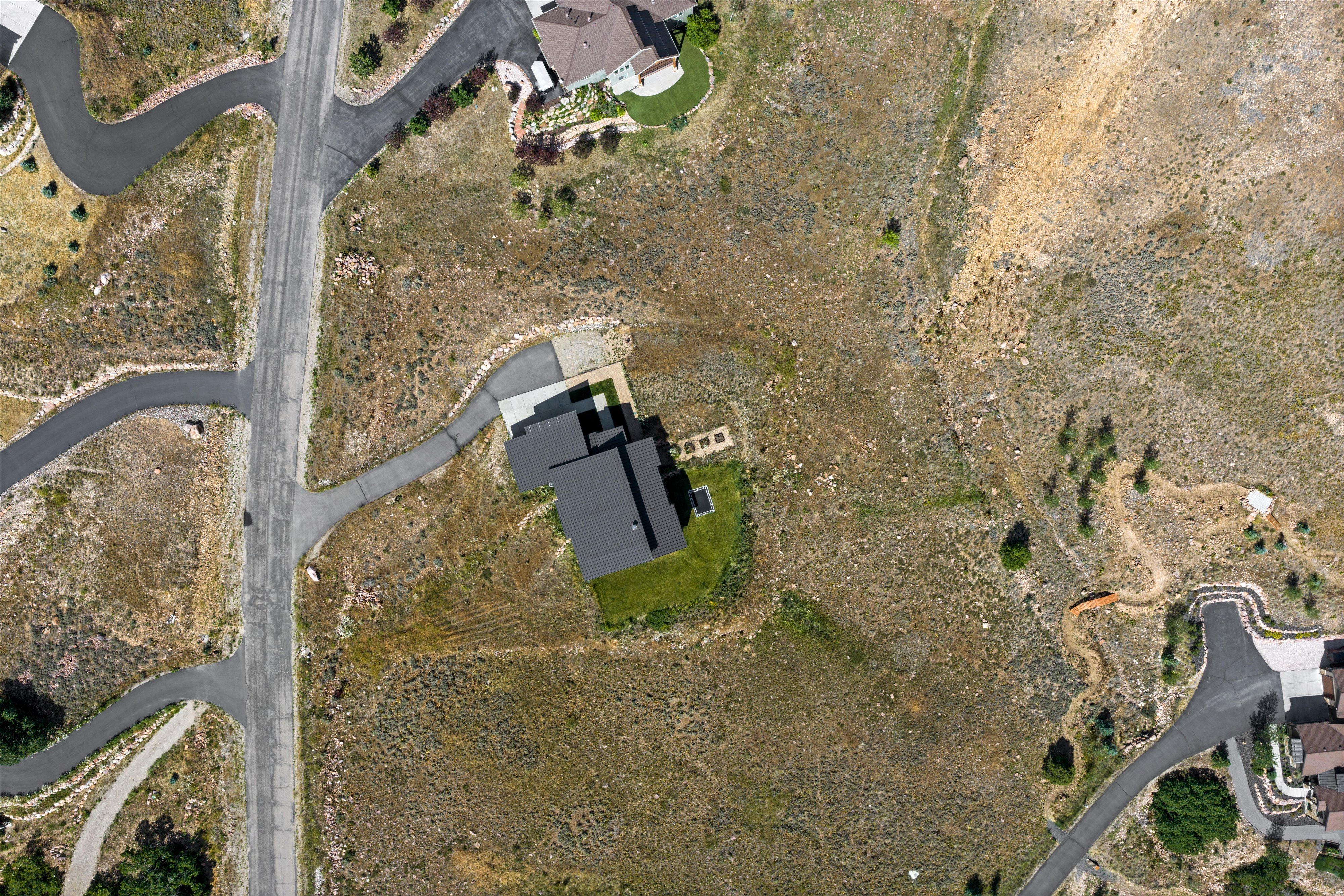 Modern single-story residence with a dark-pitched roof and a contrasting light-colored driveway