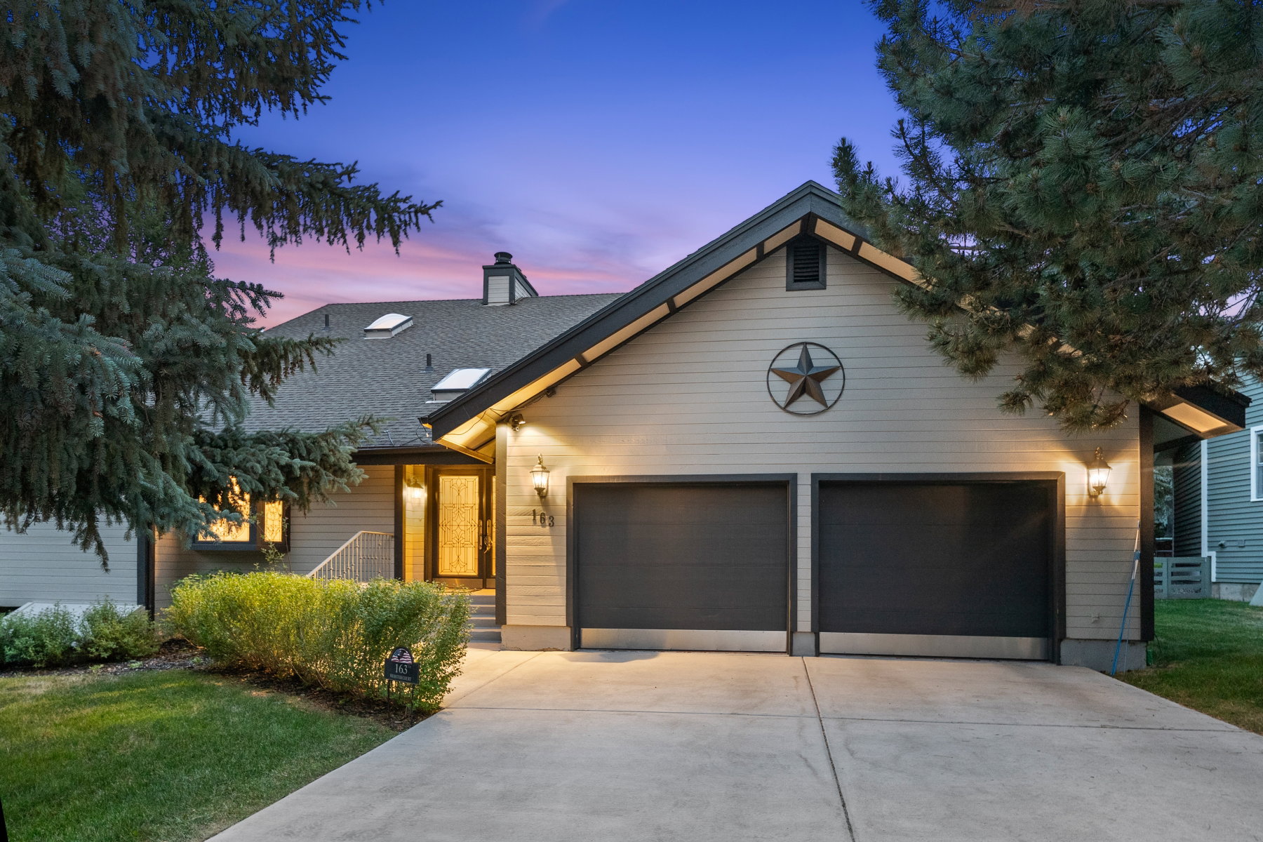 Exterior featuring a two-car garage with dark paneled doors, skylights, a prominent entry door, and a concrete driveway