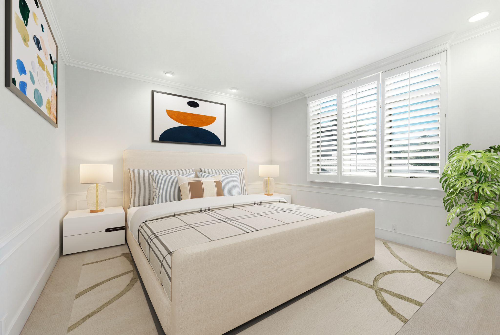 STAGED PHOTO-Spacious interior featuring a large window with plantation shutters, crown molding, recessed lighting, and wall paneling - staged upper bedroom suite