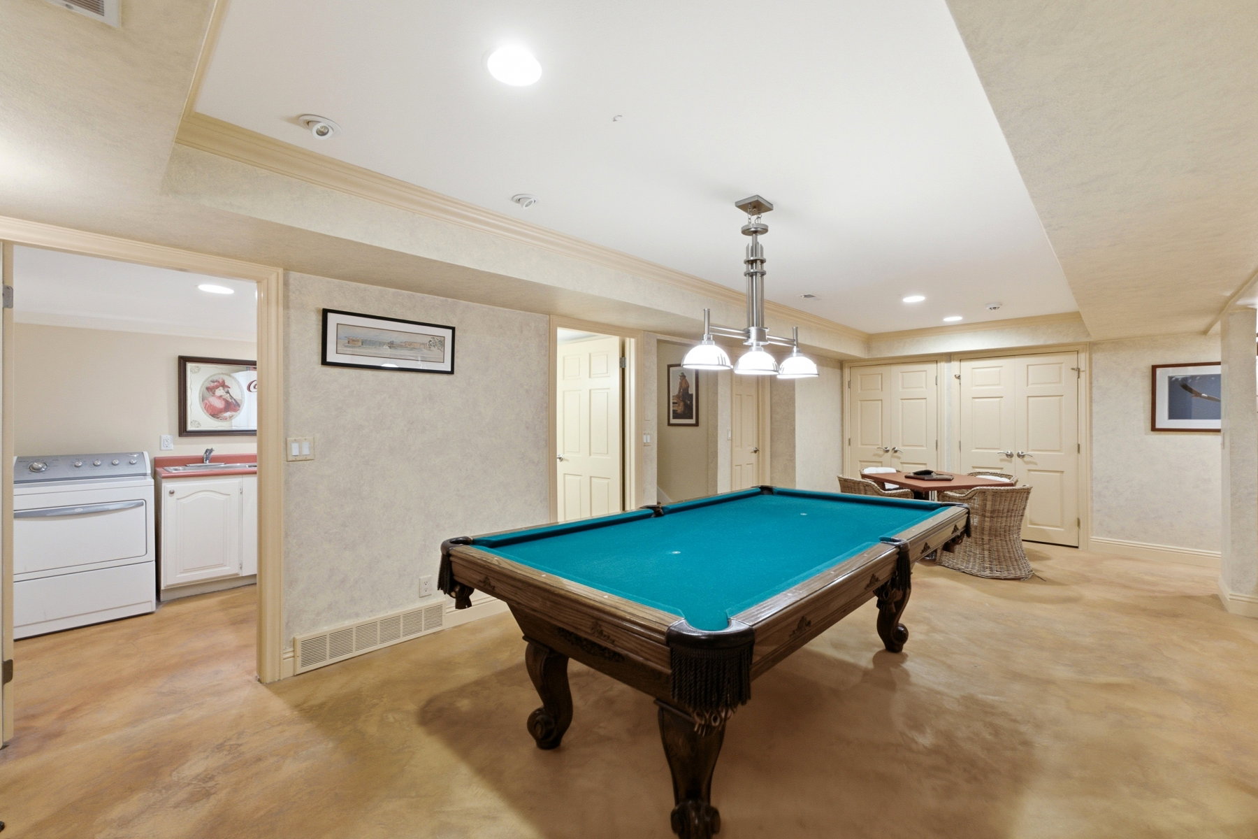 Recreation area featuring a billiard table, recessed lighting, and a multi-light pendant fixture