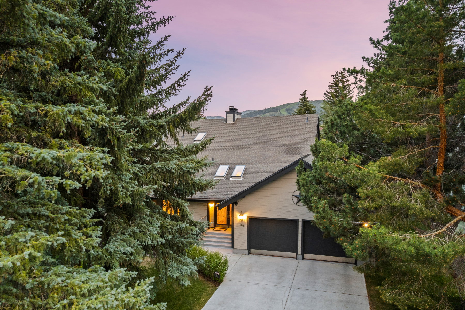 Contemporary home featuring a dual-bay garage, light-toned siding, and a gabled roofline with multiple skylights