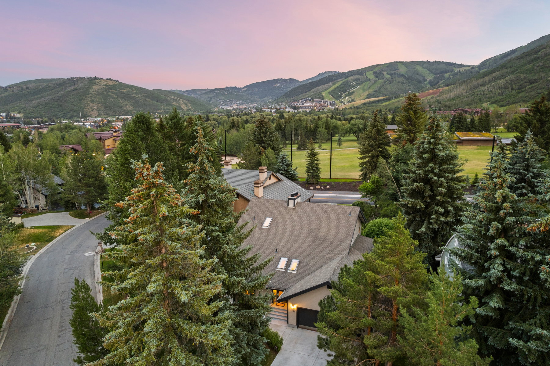 Alpine residence featuring a gabled roofline, multiple skylights, and attached garage