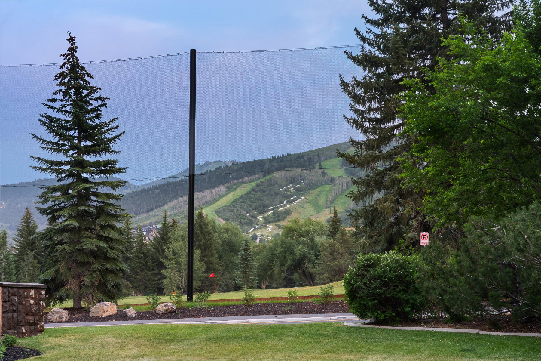 Expansive mountain landscape featuring evergreen trees and a ski slope