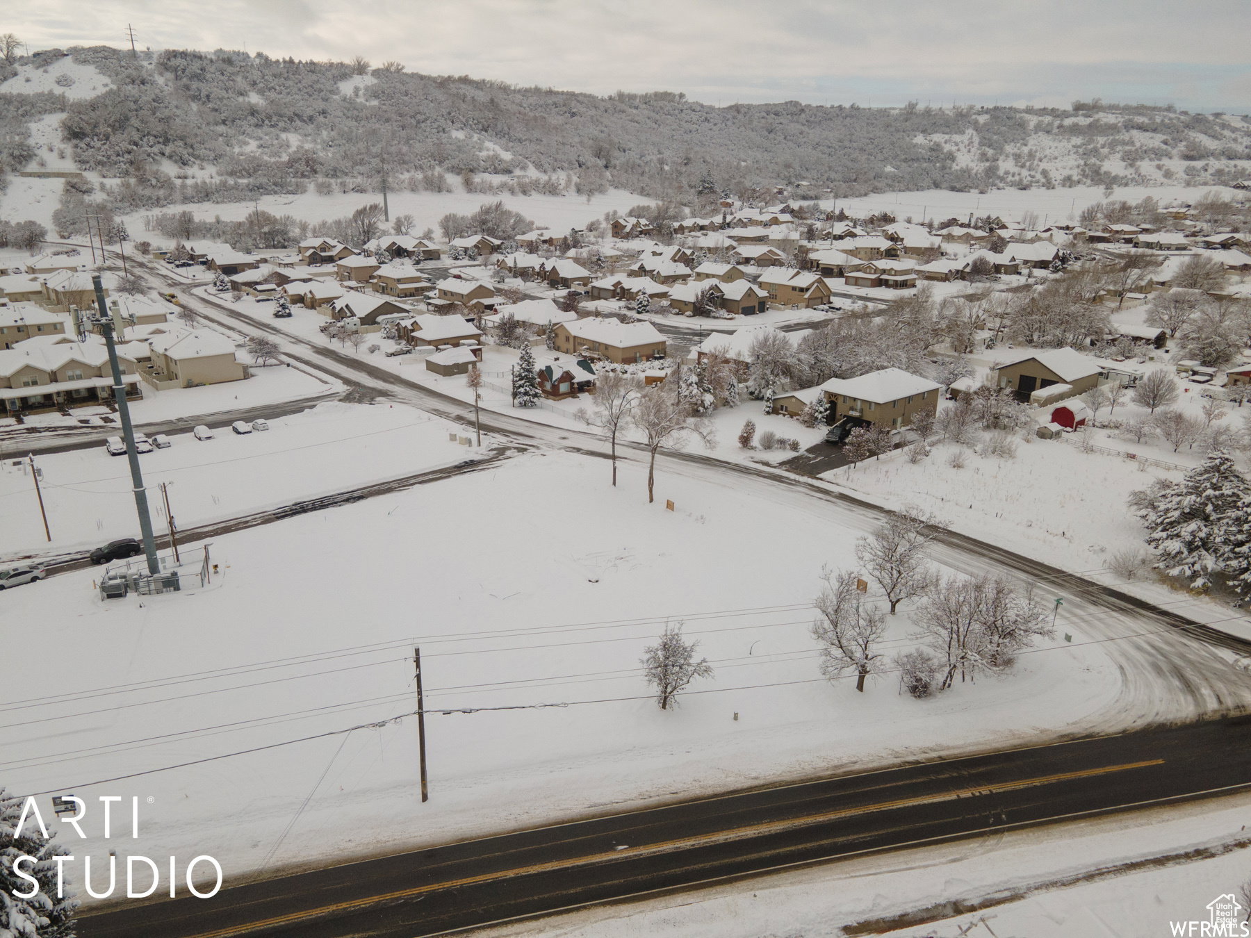 Expansive developable land parcel featuring a paved road frontage, utility poles, and surrounding residential properties