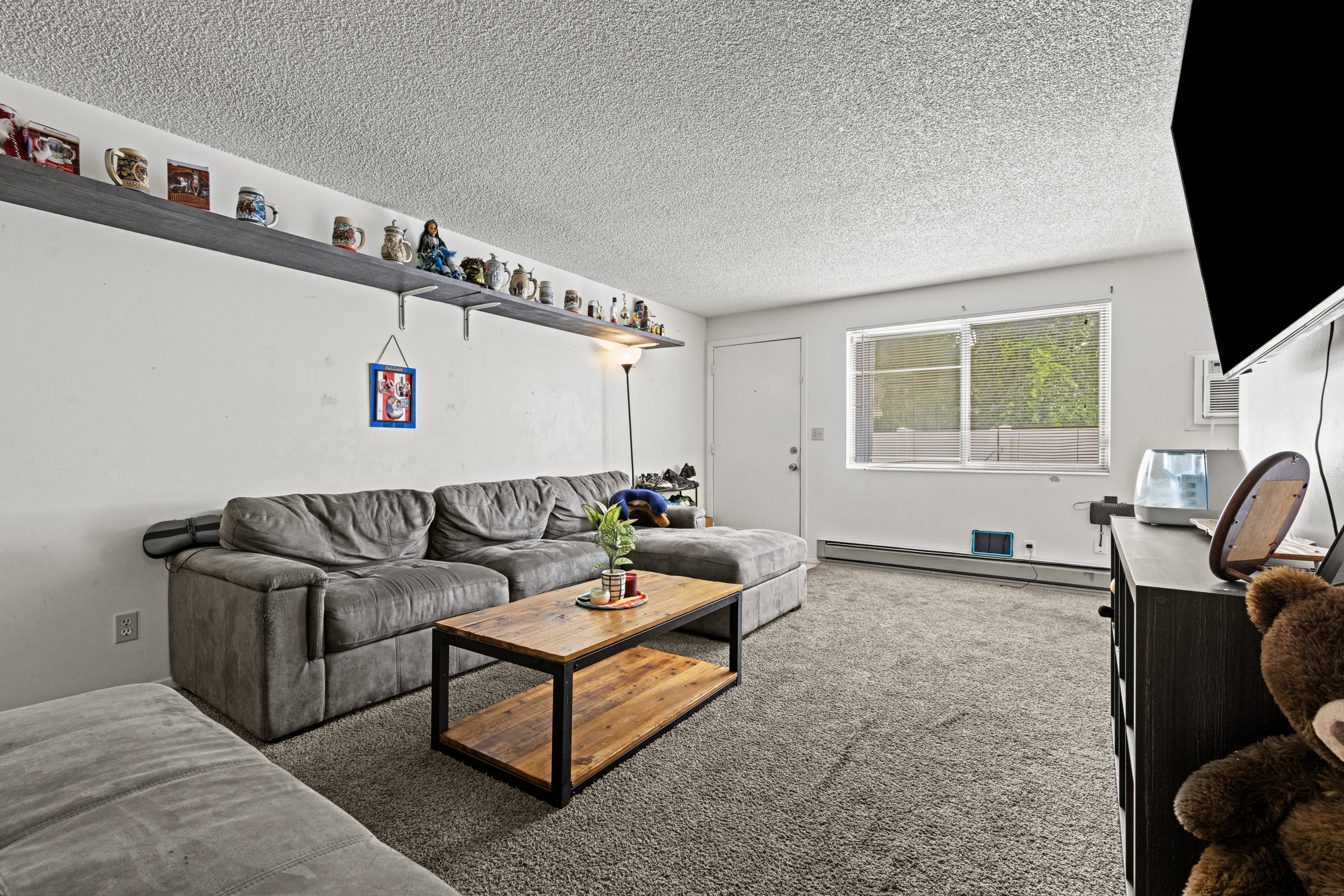 Living area featuring carpet flooring, crisp white walls, and a window with natural light
