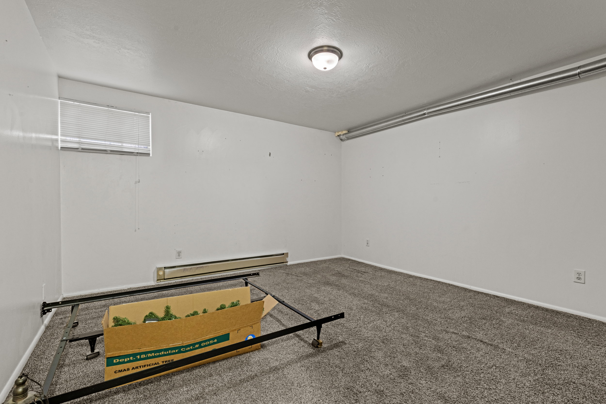 Room featuring a neutral carpet, white walls, and a single window with blinds
