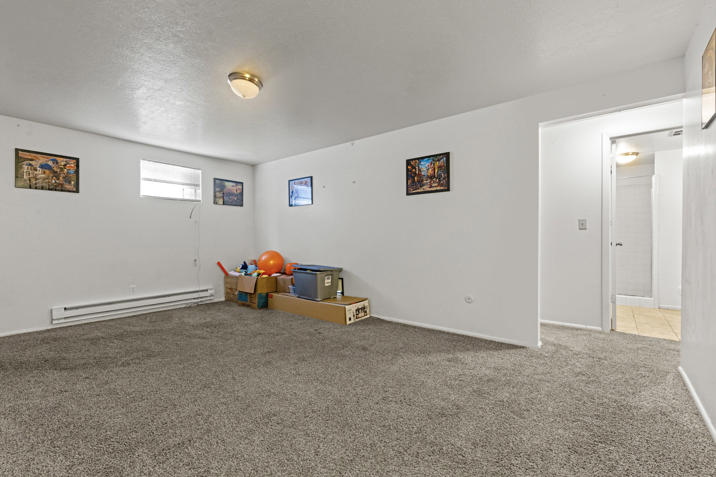 Spacious room featuring gray carpet flooring, white walls, and a ceiling-mounted light fixture
