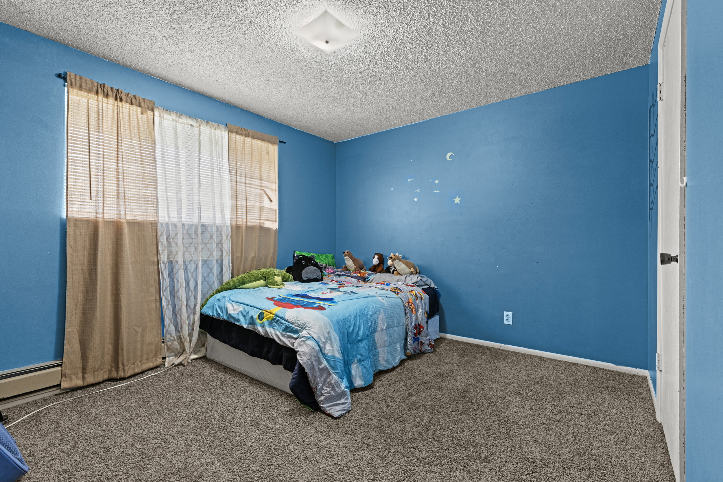 Carpeted room featuring a window with horizontal blinds, a white ceiling with a flush-mount light fixture, and a white interior door