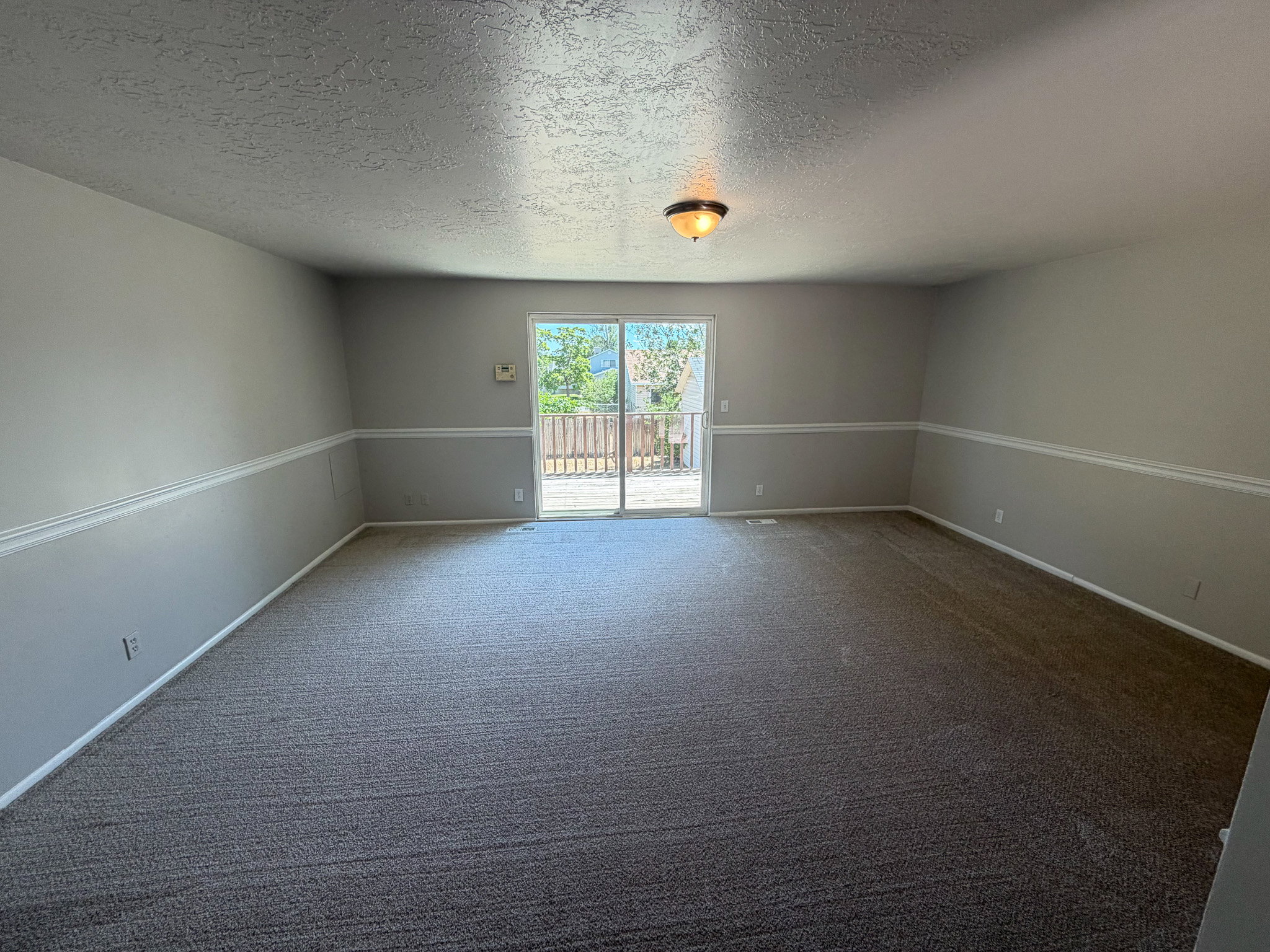 Spacious room featuring gray carpet, light gray walls with white chair rail molding, and a flush mount ceiling light