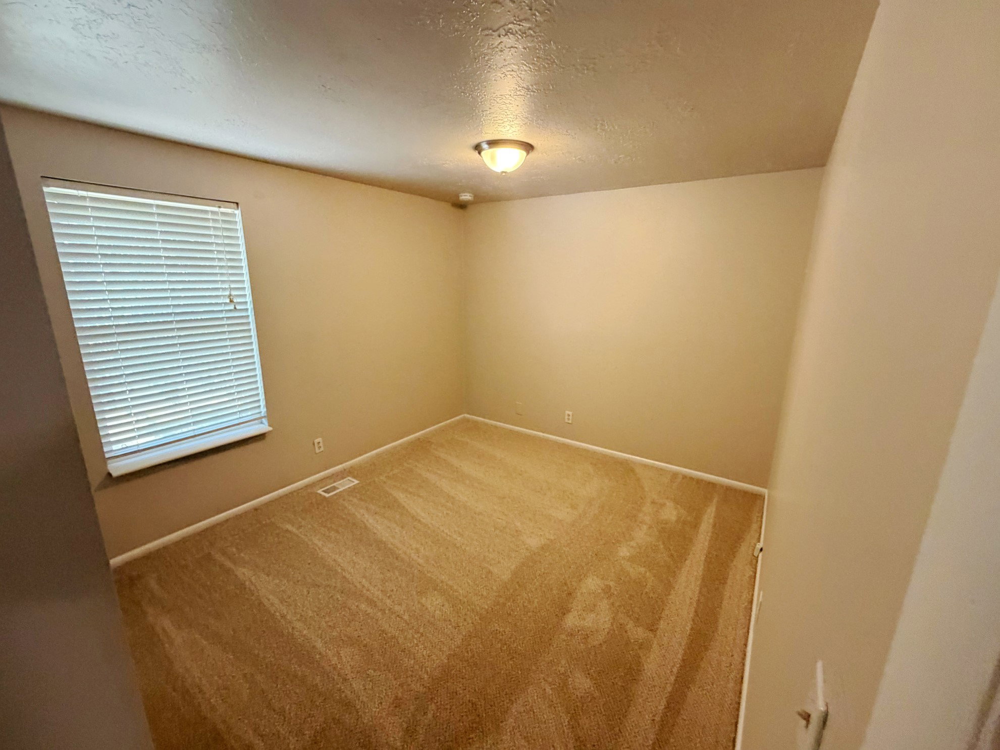 Carpeted interior room featuring neutral wall paint, a single window with blinds, and a flush-mount ceiling light fixture