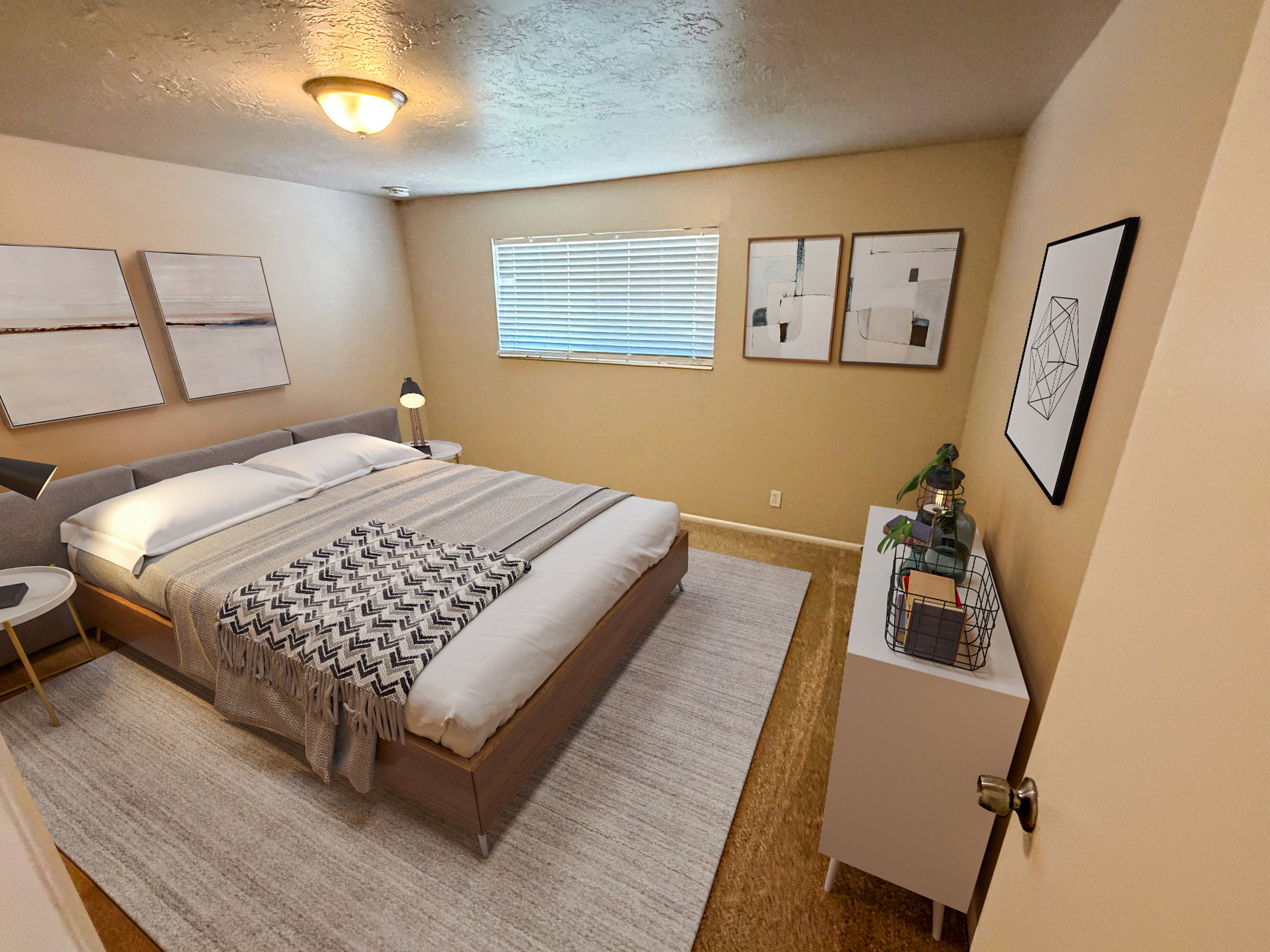Interior room featuring wood-finish flooring, a window with horizontal blinds, and a flush-mount ceiling light fixture