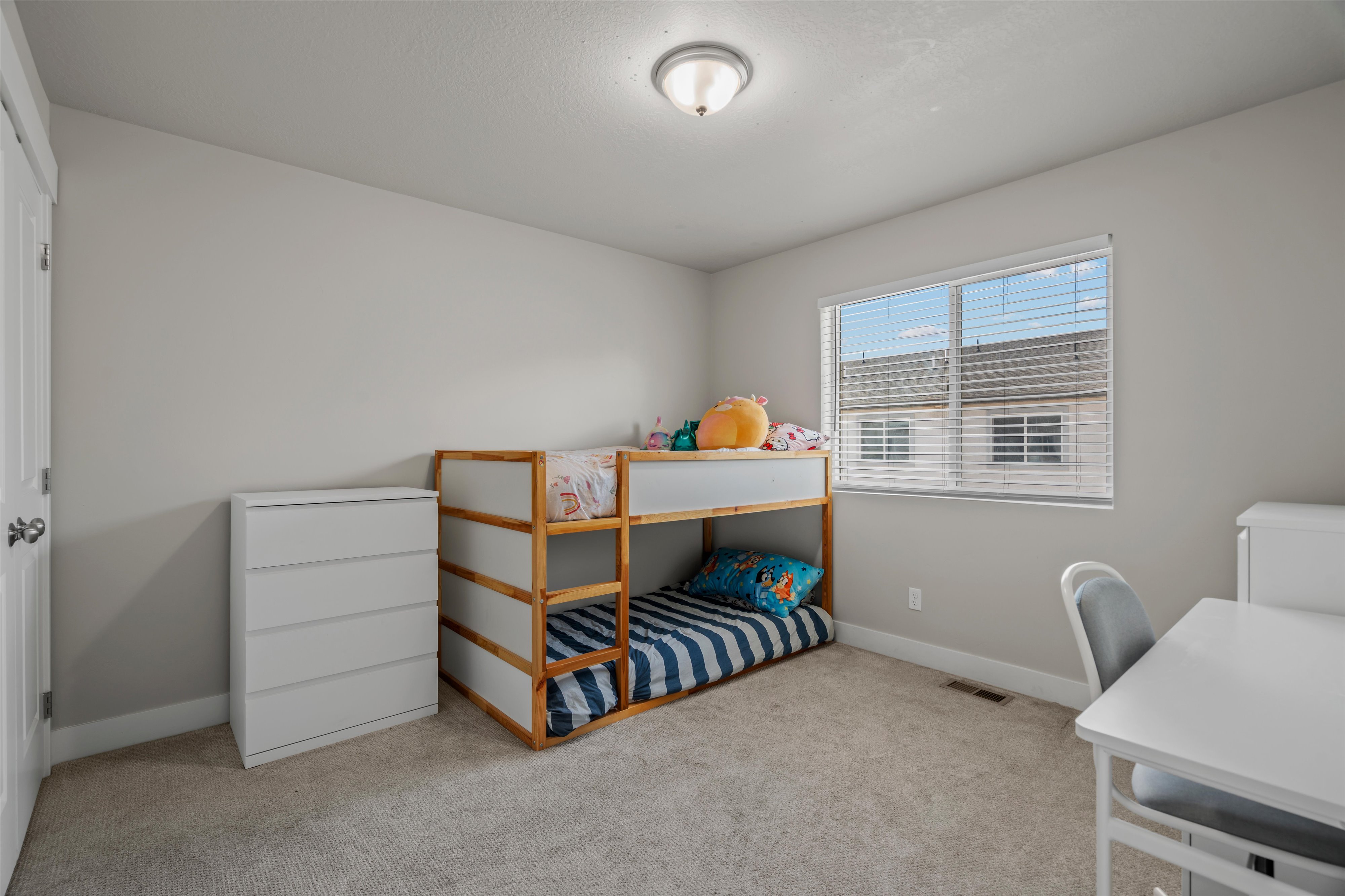 Carpeted room featuring a double-pane window with horizontal blinds, light gray walls, a ceiling-mounted light fixture, and white trim