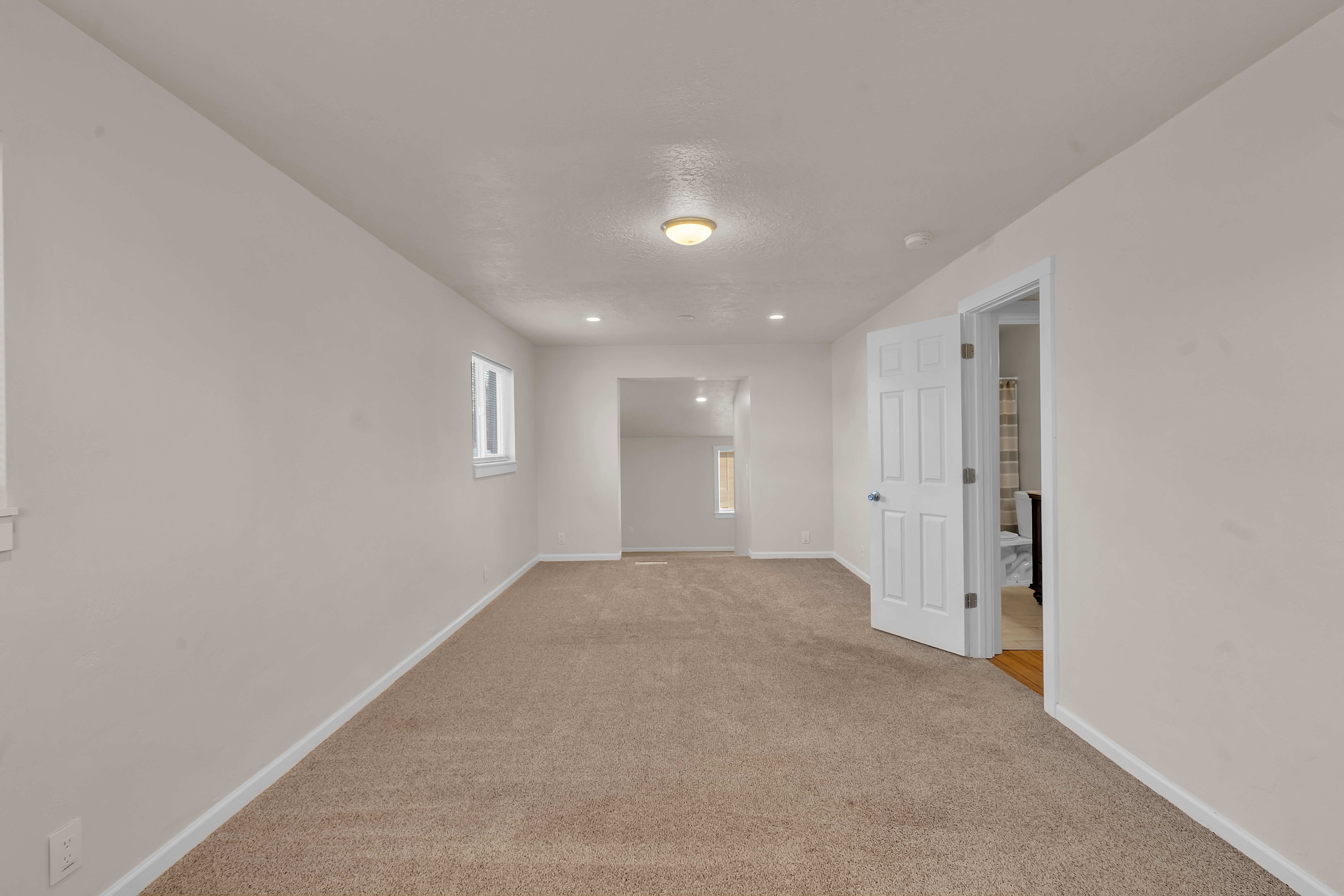 Spacious room with plush brown carpeting and light-toned walls