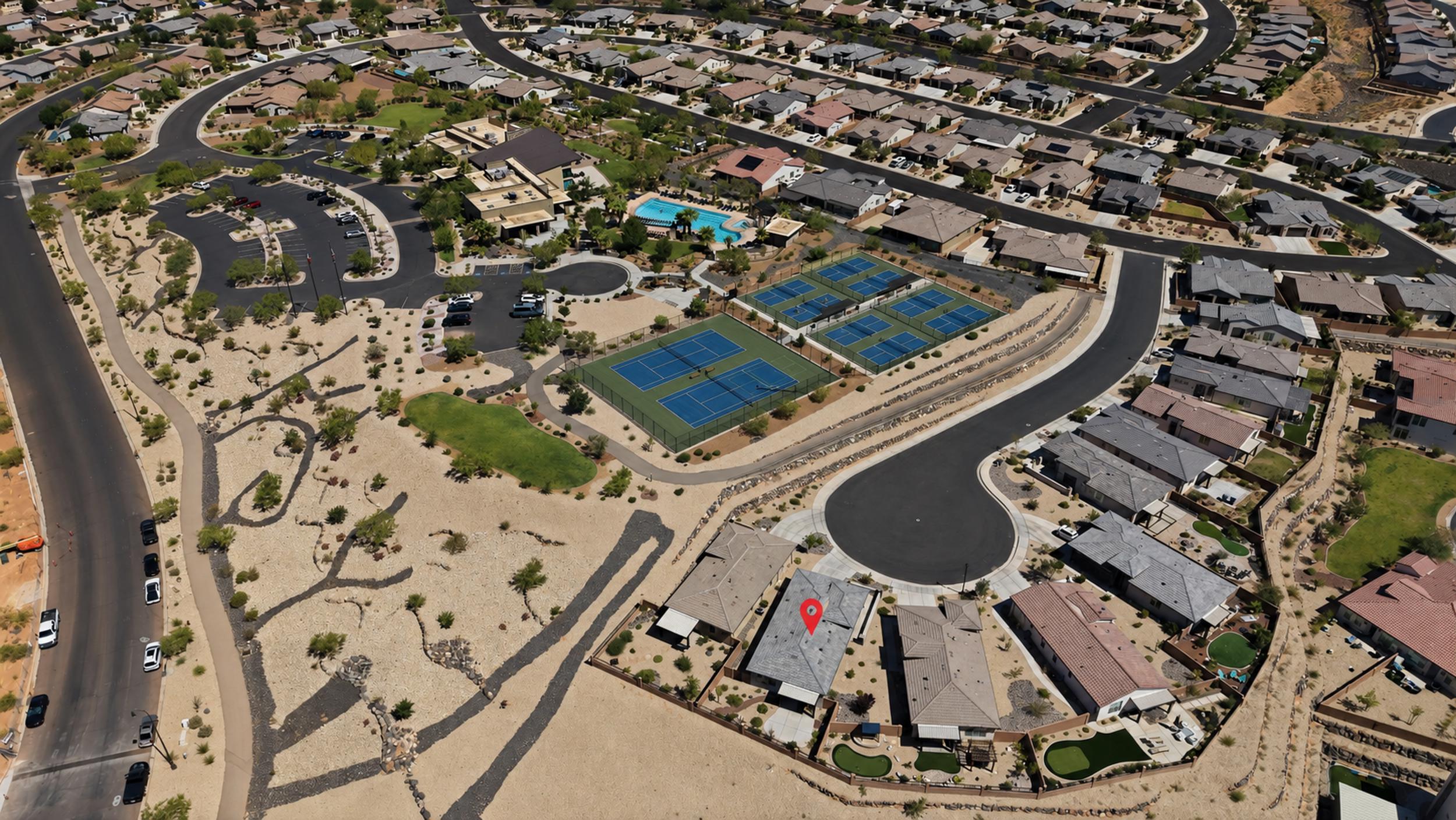 Aerial perspective of a residential development featuring numerous homes with varied rooflines