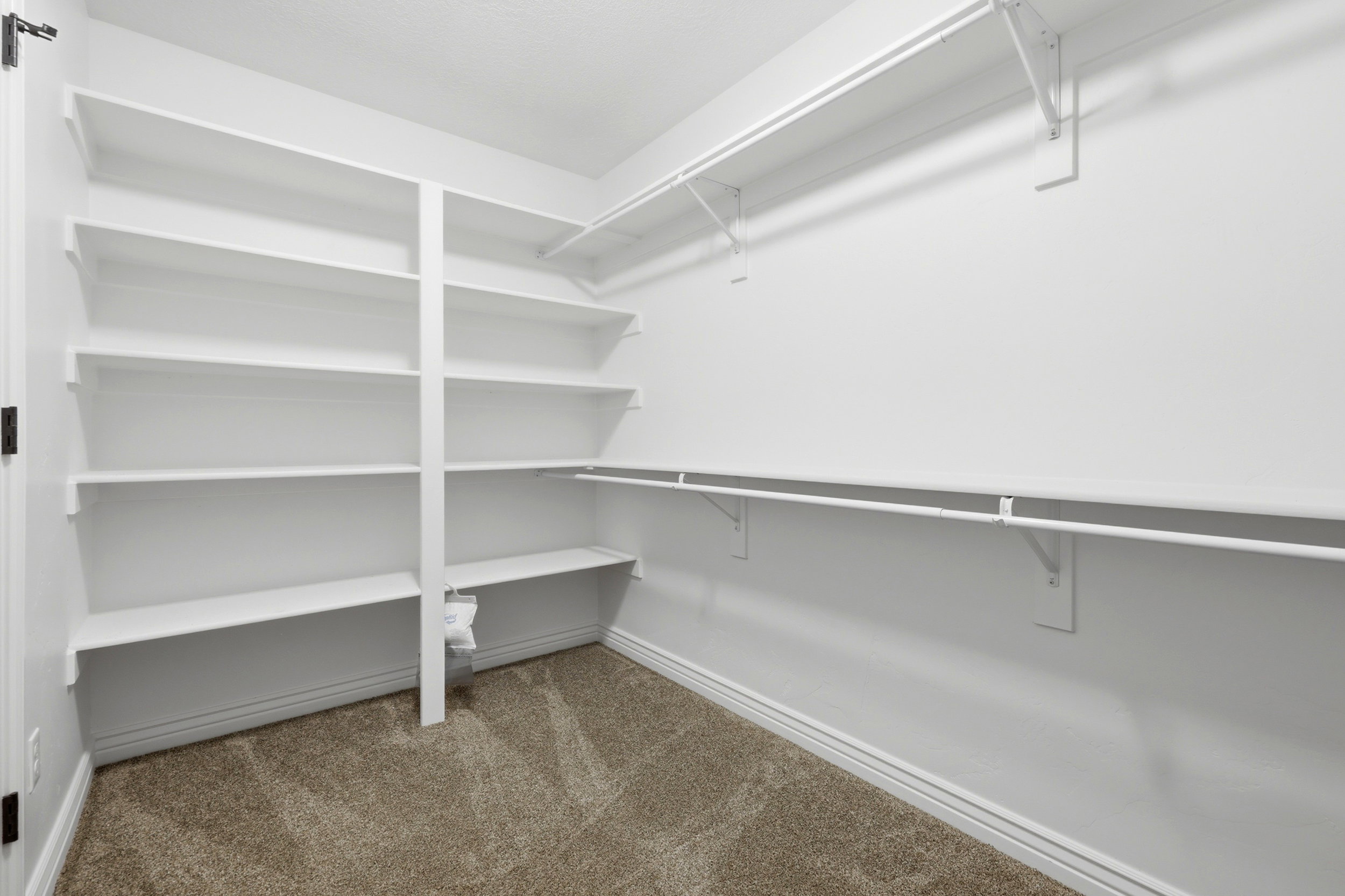 Walk-in closet featuring extensive built-in shelving, two clothing rods, white painted walls, and textured carpet flooring