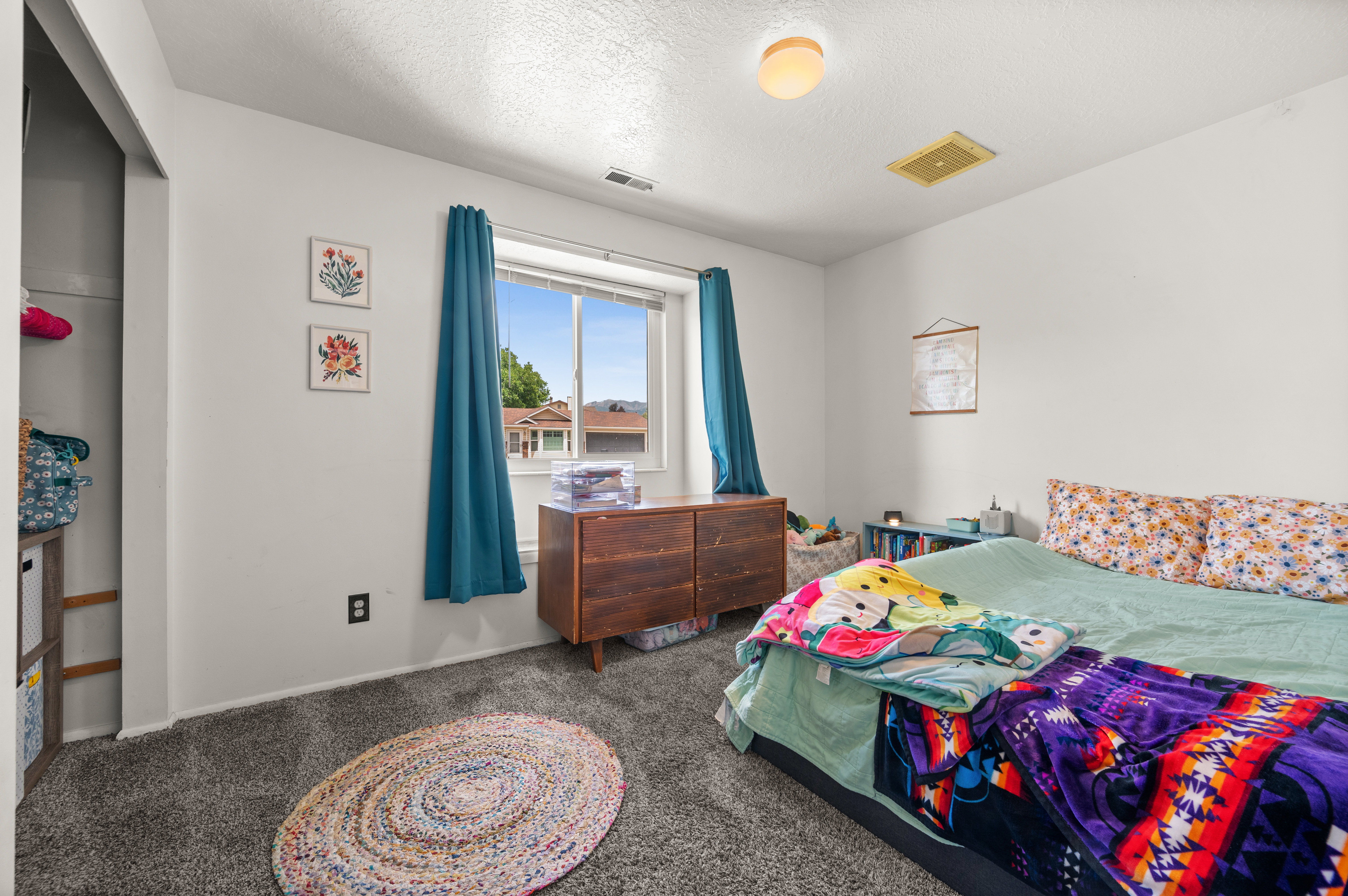 Carpeted interior space featuring a window with teal drapery, a built-in closet with shelving, and a simple ceiling light fixture