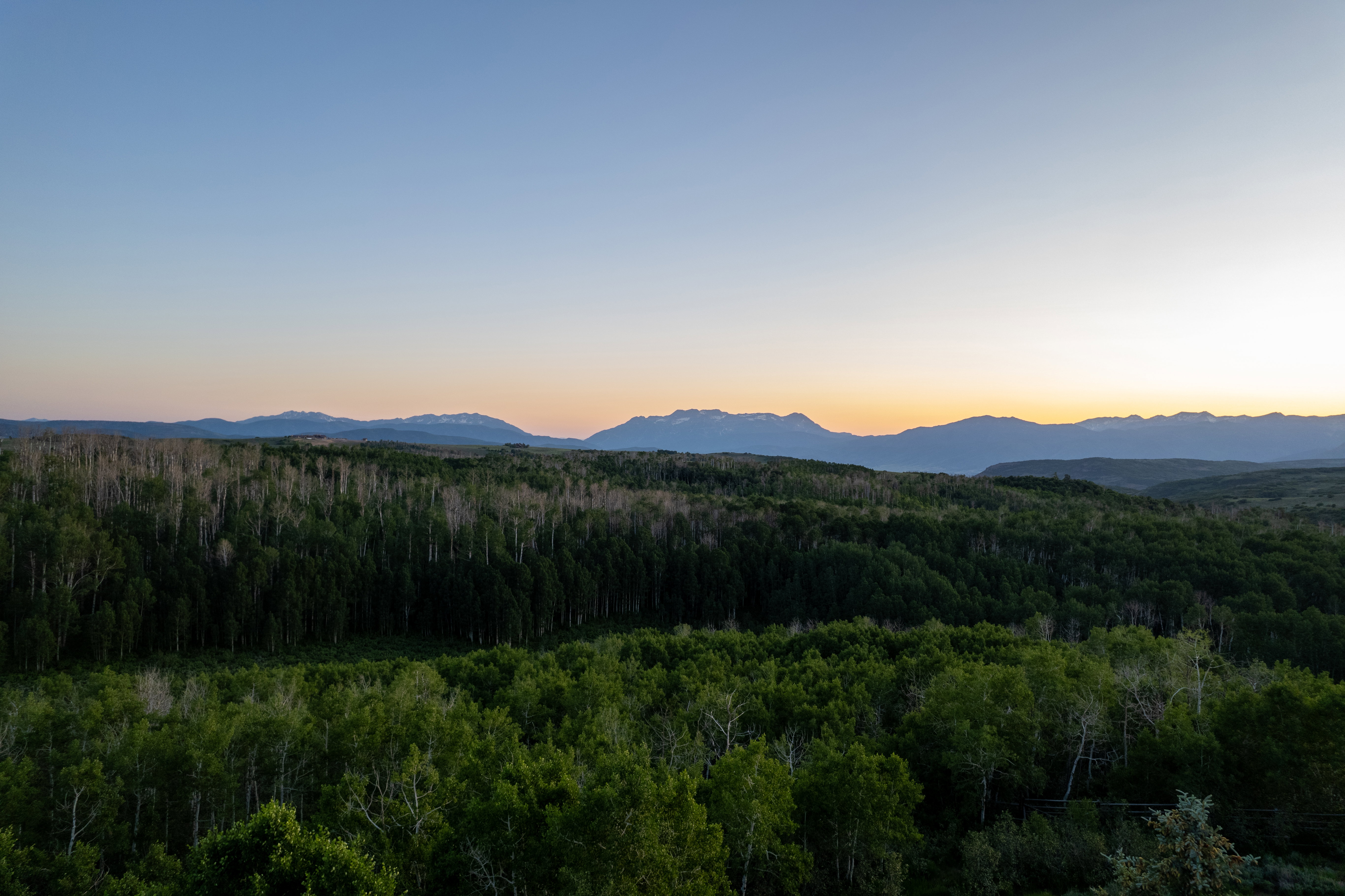 Expansive forested landscape with distant mountain ranges under a clear sky