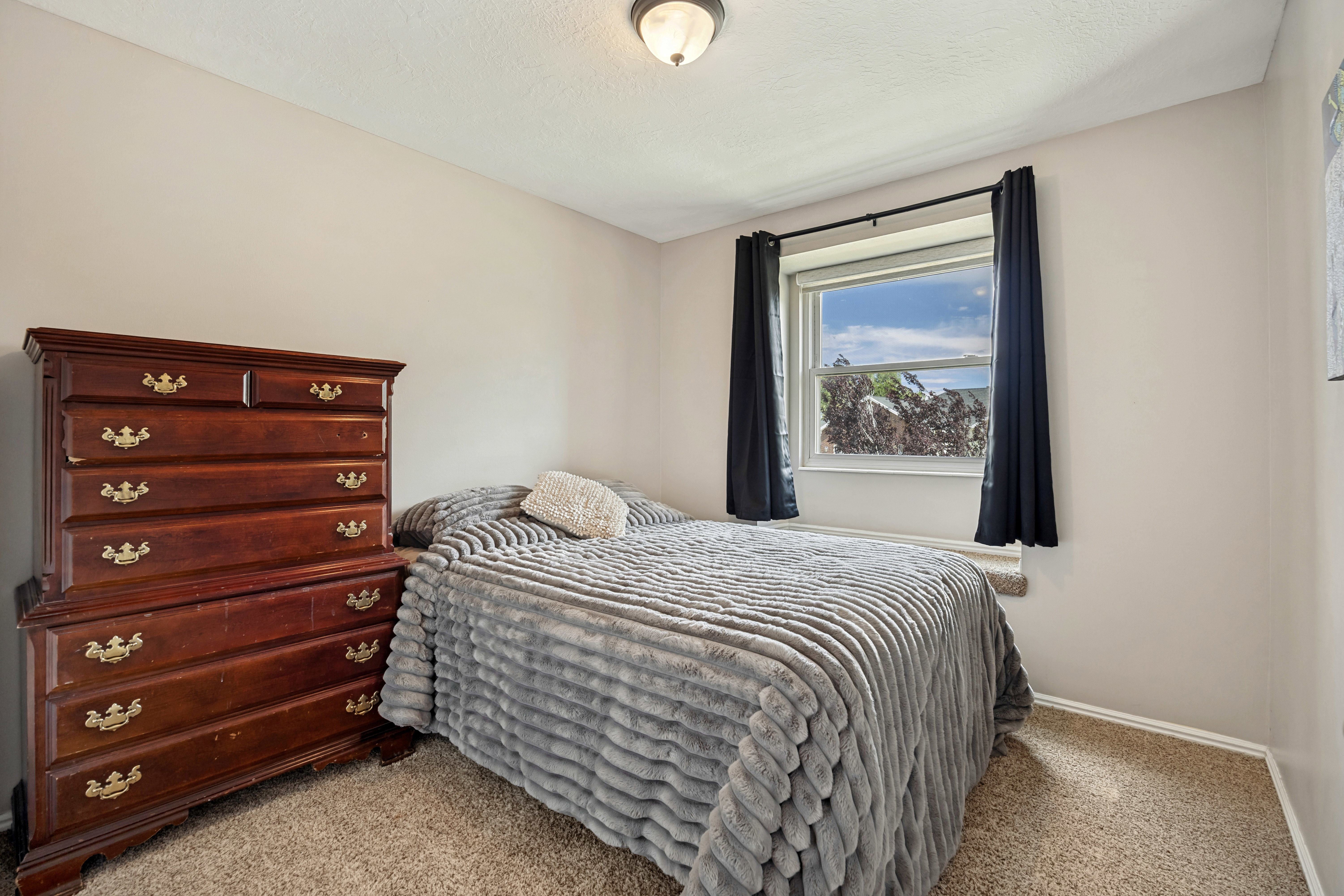 Carpeted room with a single window featuring a window sill