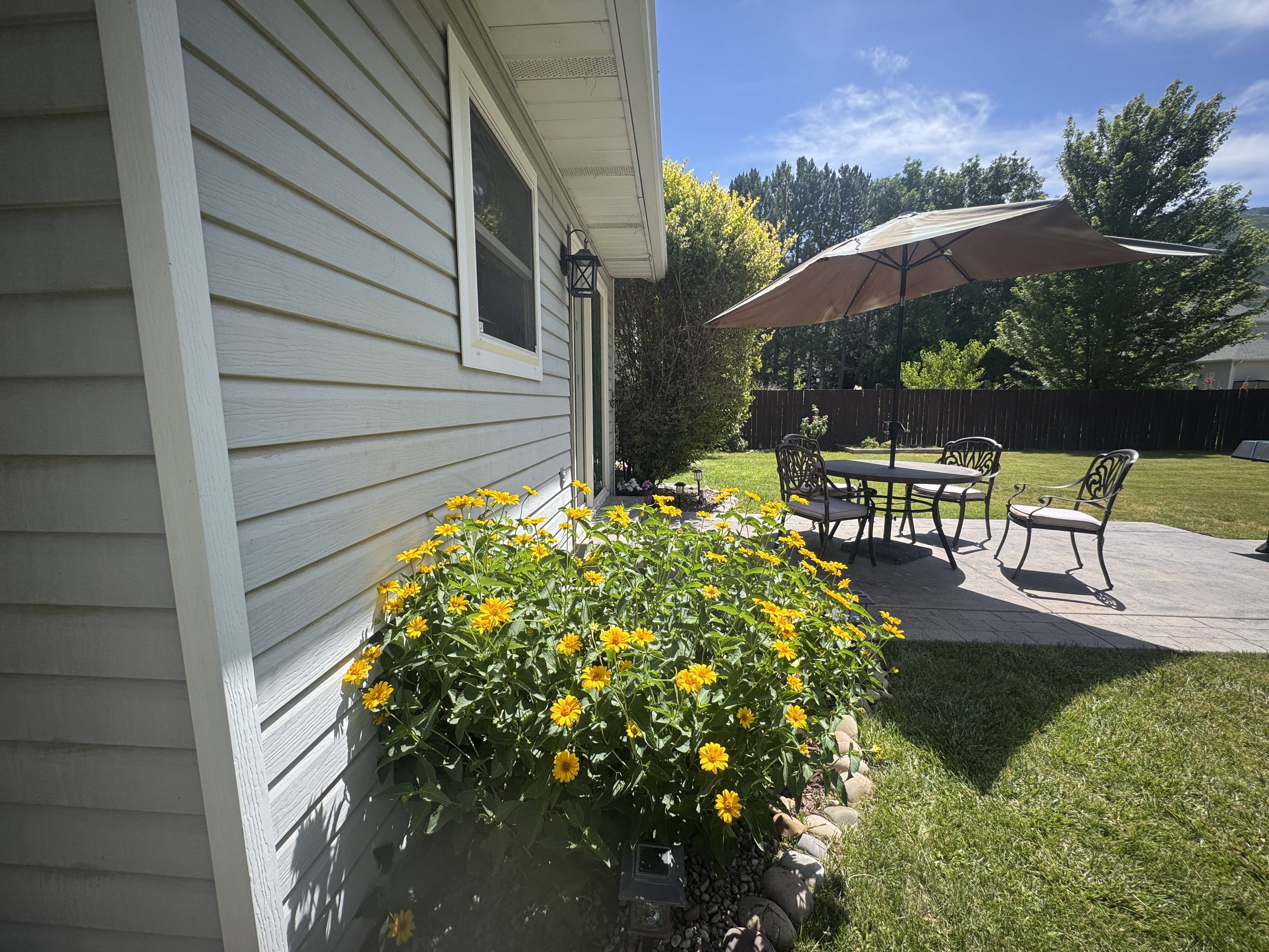 Expansive concrete patio with a surrounding manicured lawn