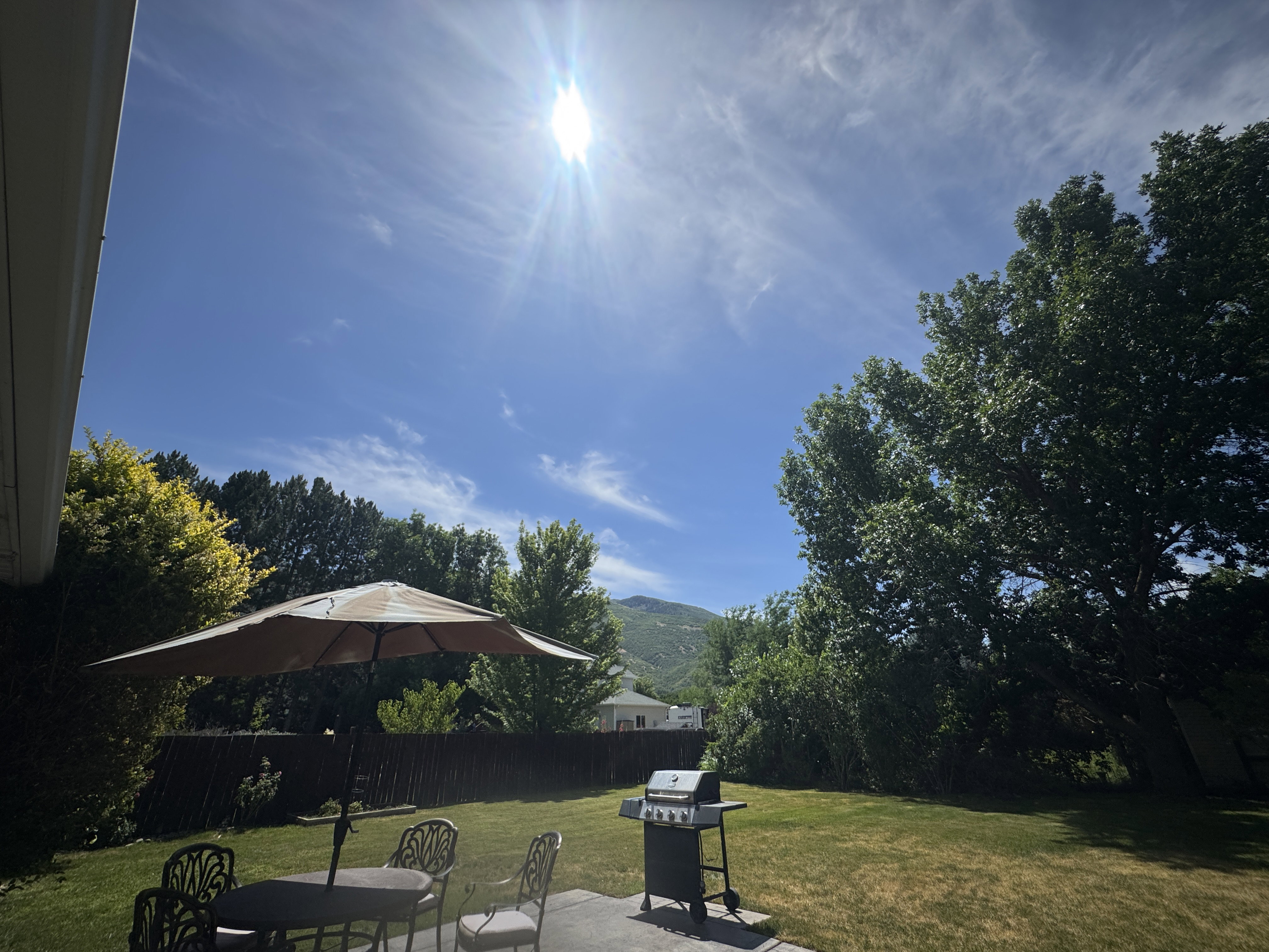 Expansive backyard featuring a concrete patio, mature trees, and a distant mountain range