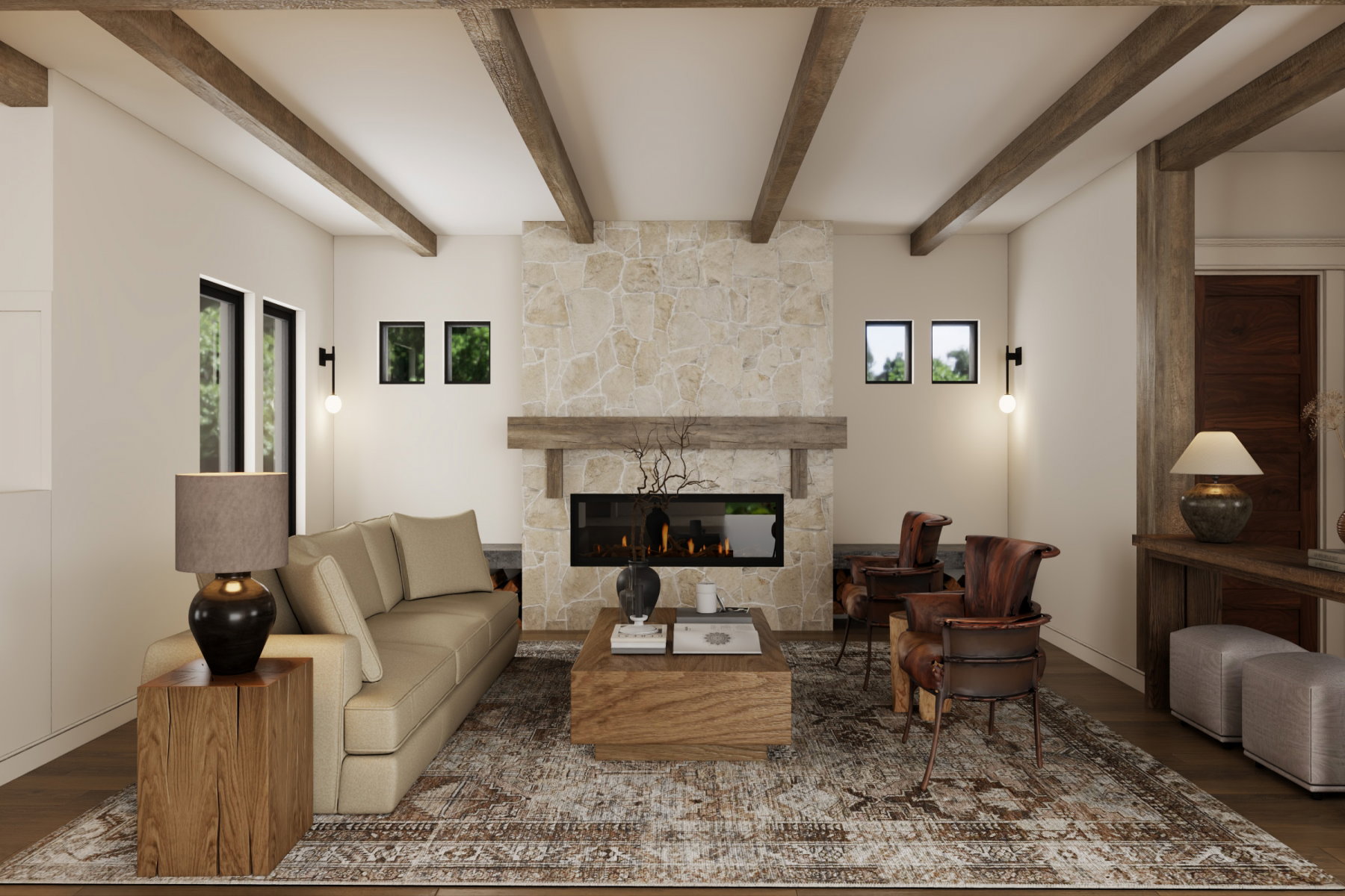 Spacious room featuring exposed wood beams, a stone-clad fireplace with a wood mantel, dark framed windows, and wood-finish flooring
