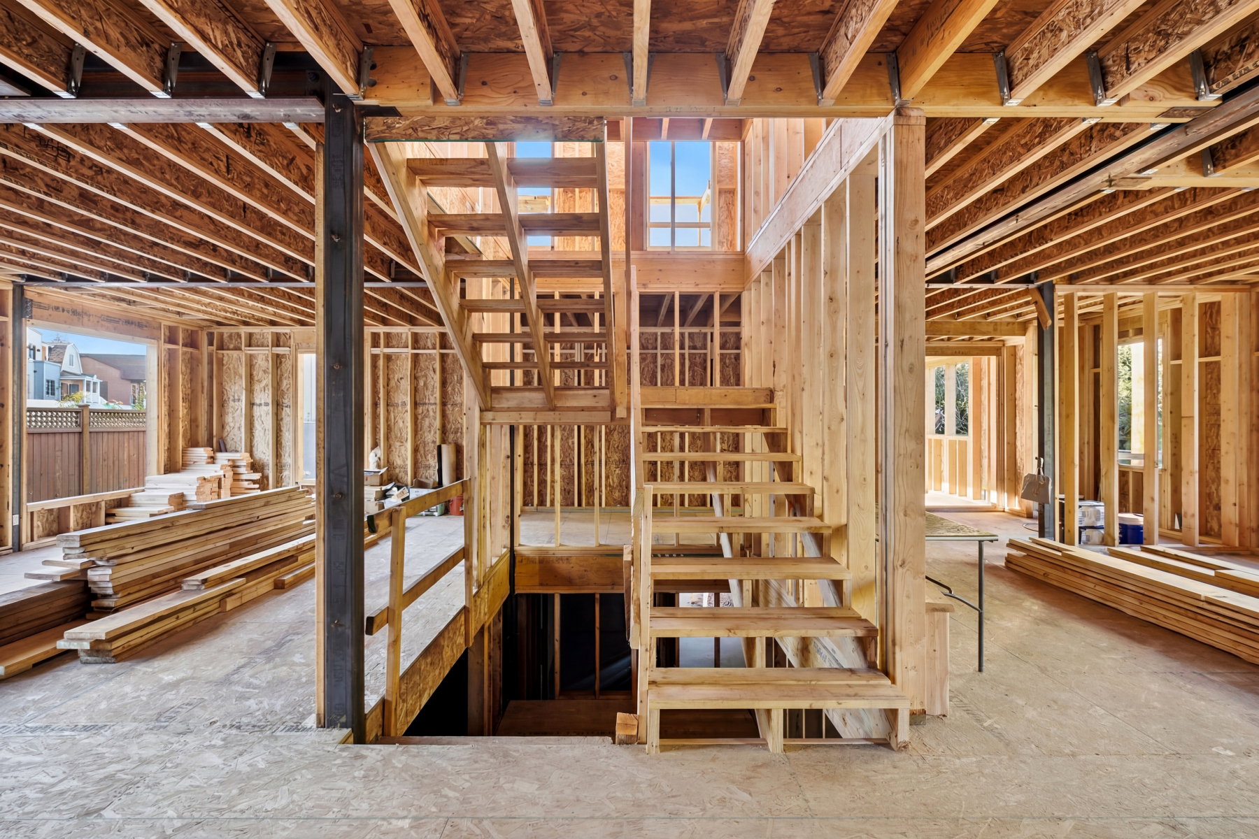 Multi-level wooden staircase with an open riser design, surrounded by exposed timber framing