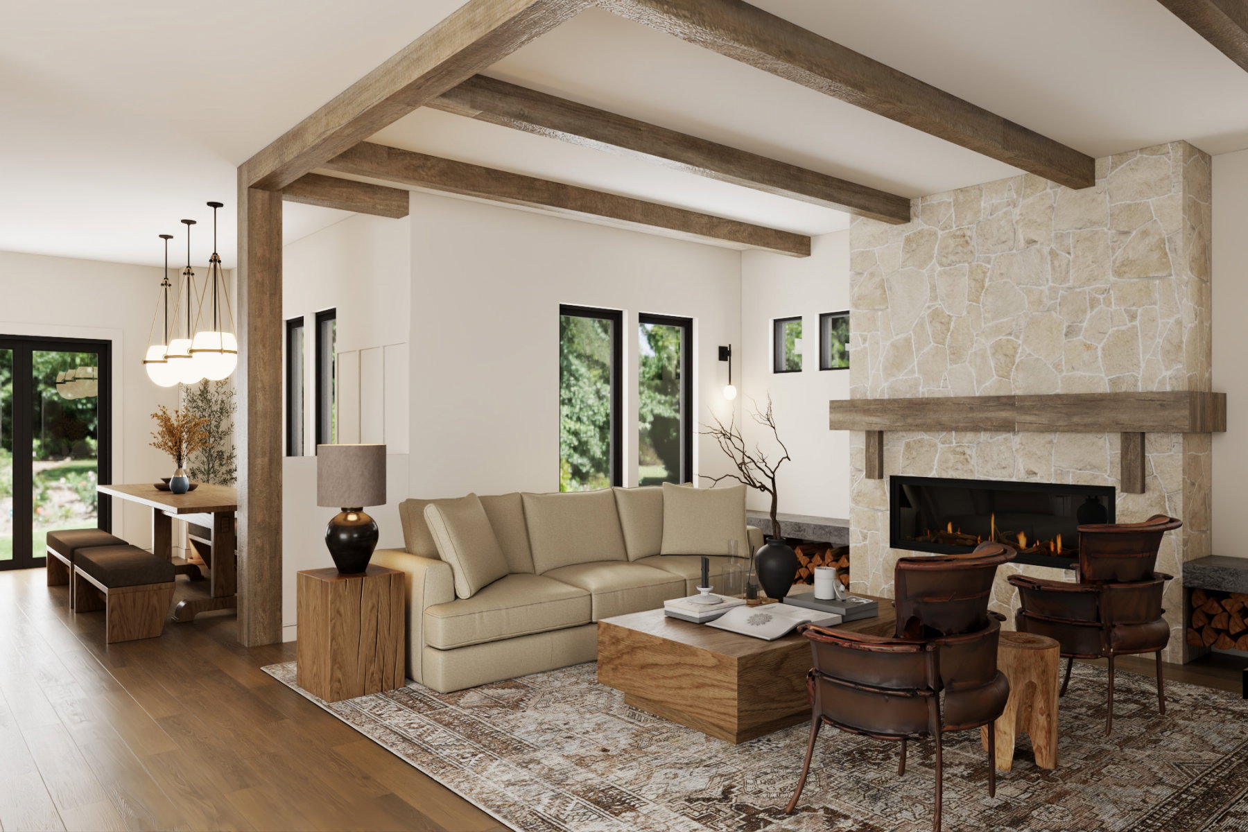 Living area featuring exposed wood beams and wood-finish flooring
