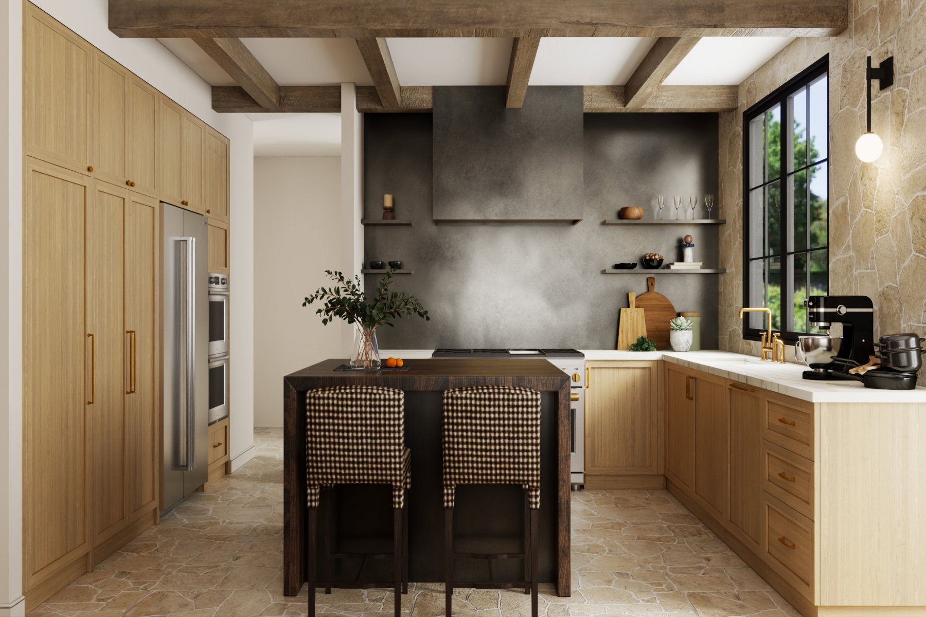 Kitchen featuring exposed wood ceiling beams, light wood-finish cabinetry, a central island with dark wood-finish, a stainless steel double oven, and a large window with black framing