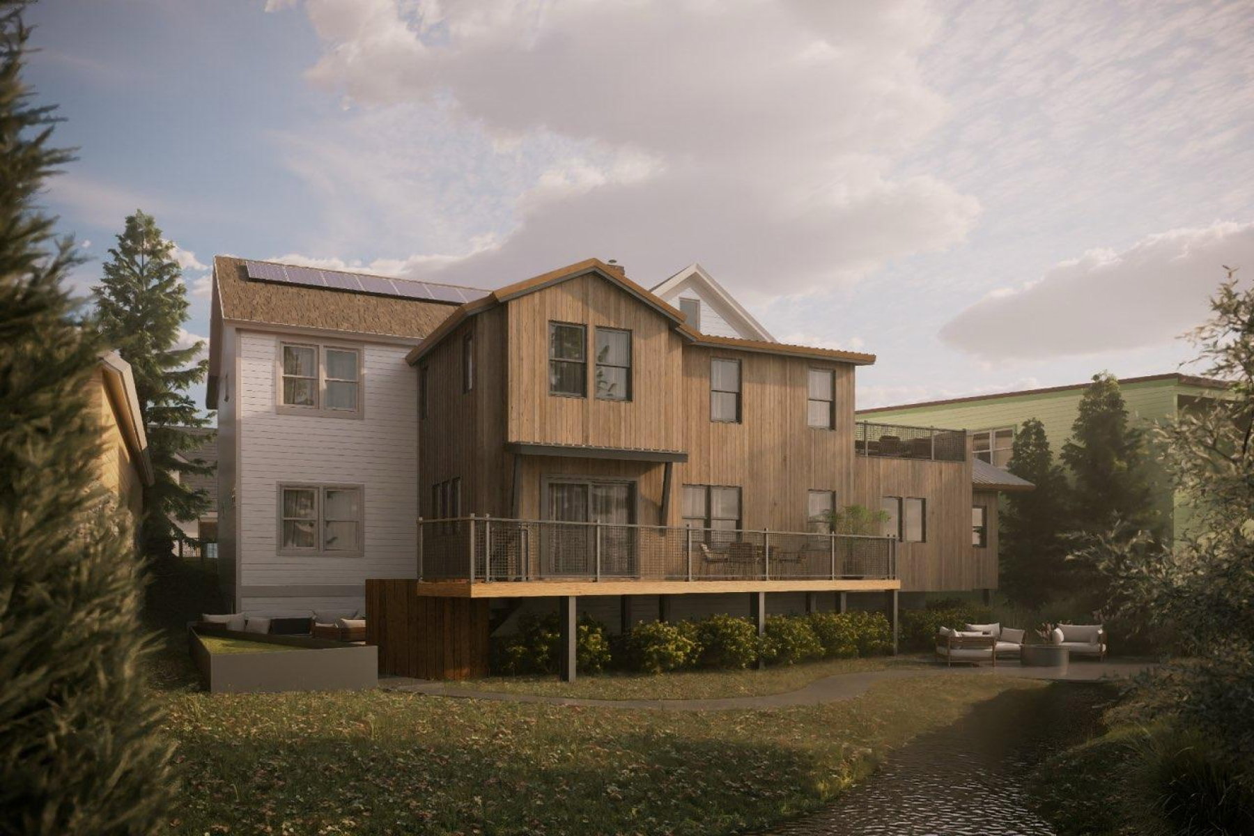 Multi-level property with wood siding and white siding elements