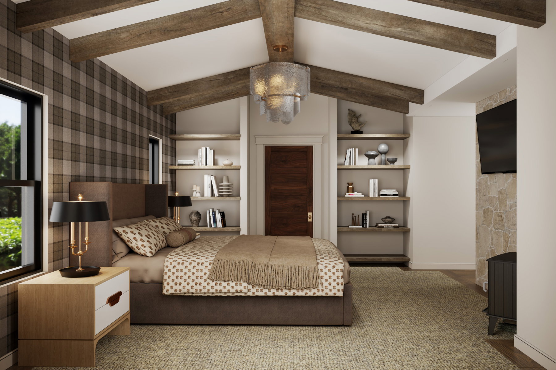 Vaulted ceilings with exposed wood beams
