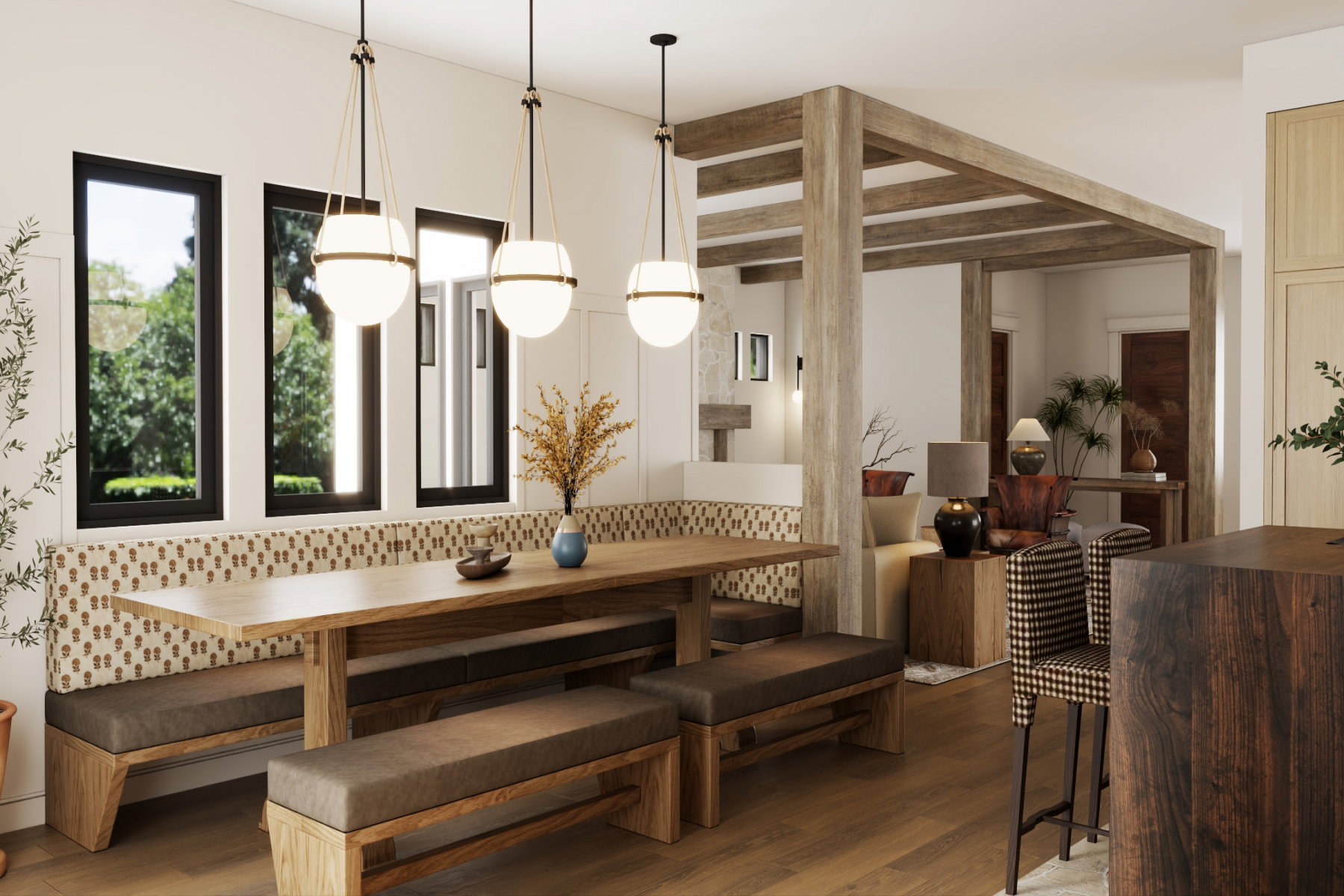 Dining area with built-in bench seating and a wood-finish dining table