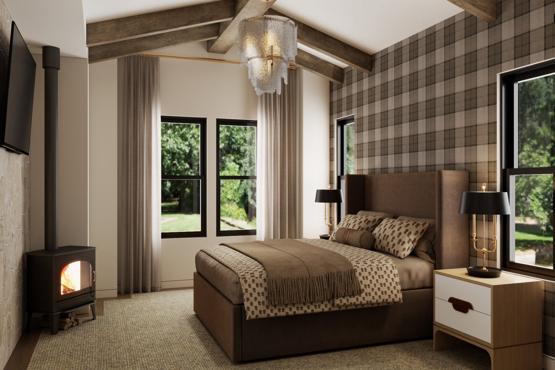 Bedroom featuring exposed wood ceiling beams, a ceiling-mounted light fixture, and a black wood-burning stove with a visible flue
