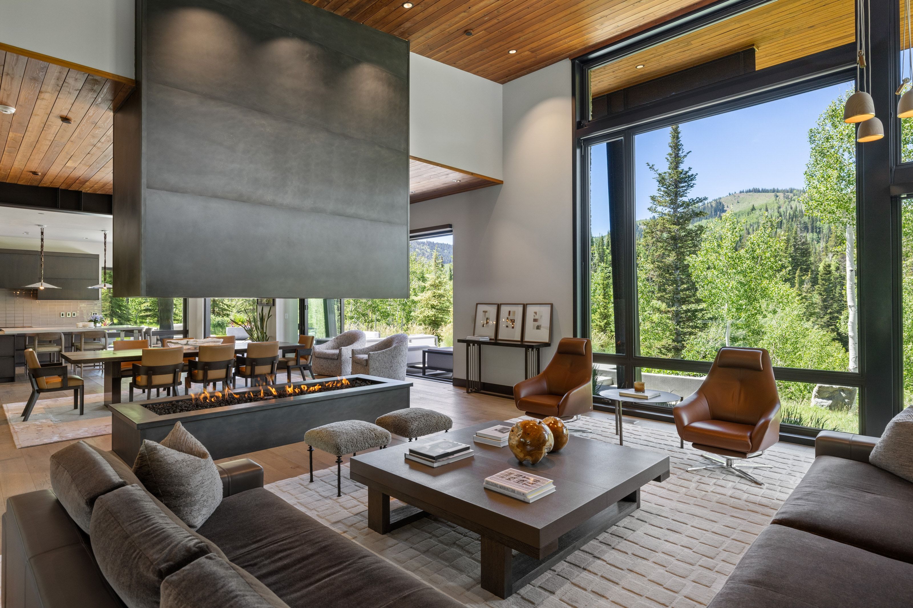 Open-concept living area with a large linear fireplace and a suspended concrete-finish hood