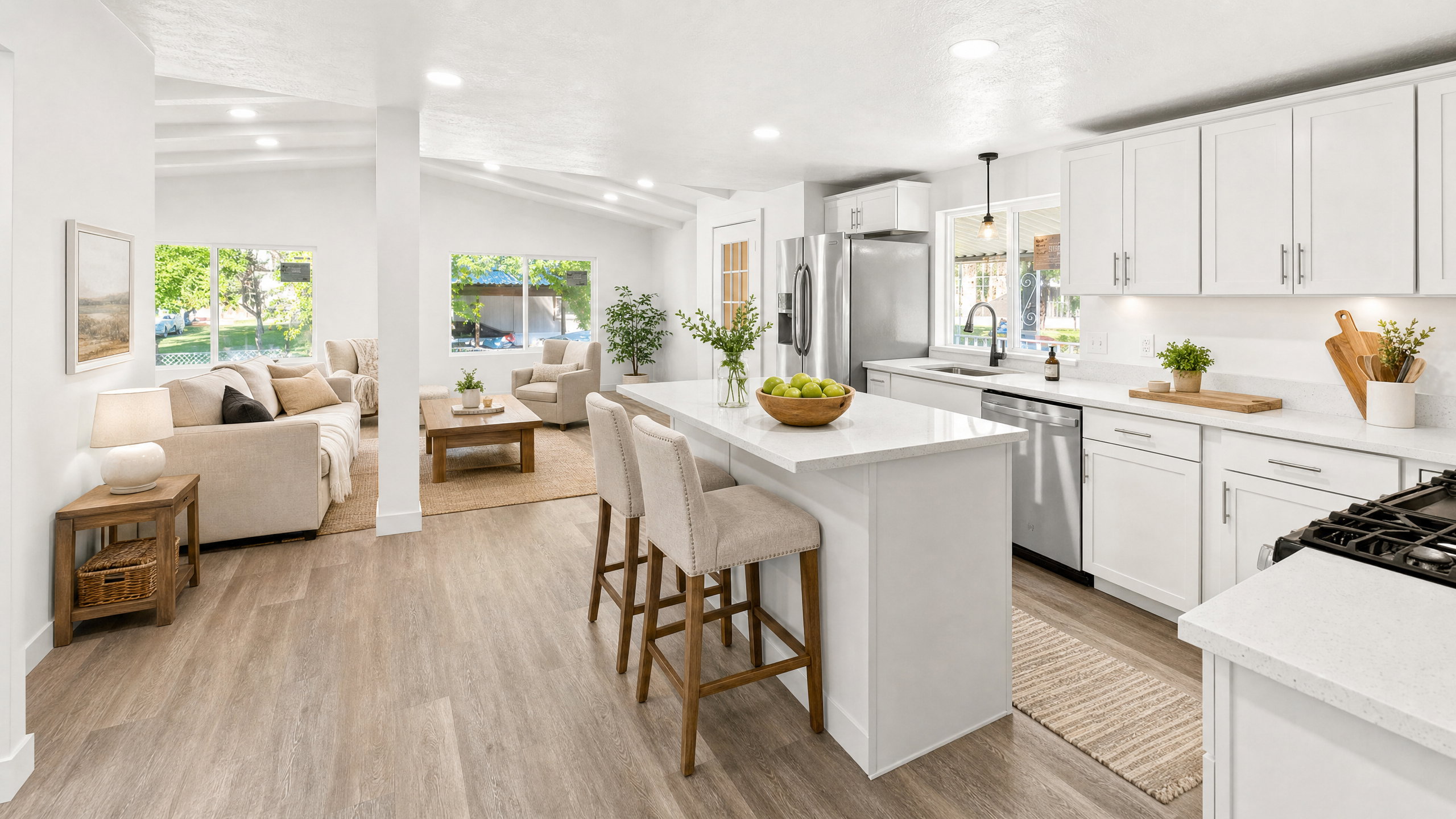 Modern kitchen featuring white cabinetry, stainless steel appliances, a center island with bar seating, and light-colored countertops