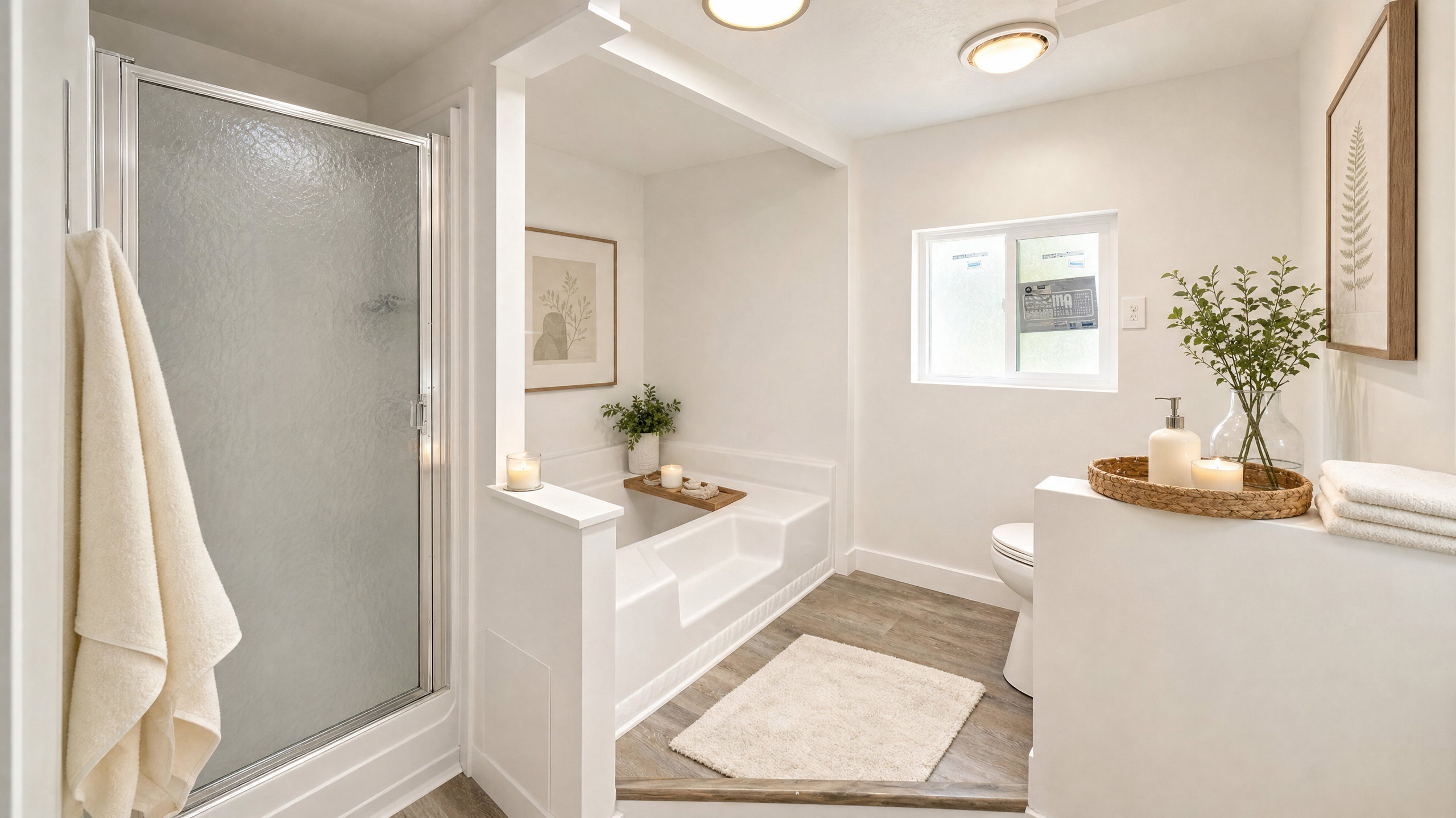Bathroom featuring a built-in shower with frosted glass enclosure, an integrated soaking tub, wood-finish flooring, a toilet, and a window