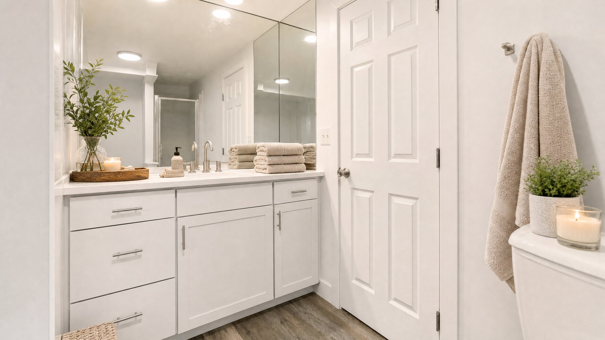 Bathroom vanity featuring white cabinetry with brushed nickel hardware, a white countertop, and a full-wall mirror