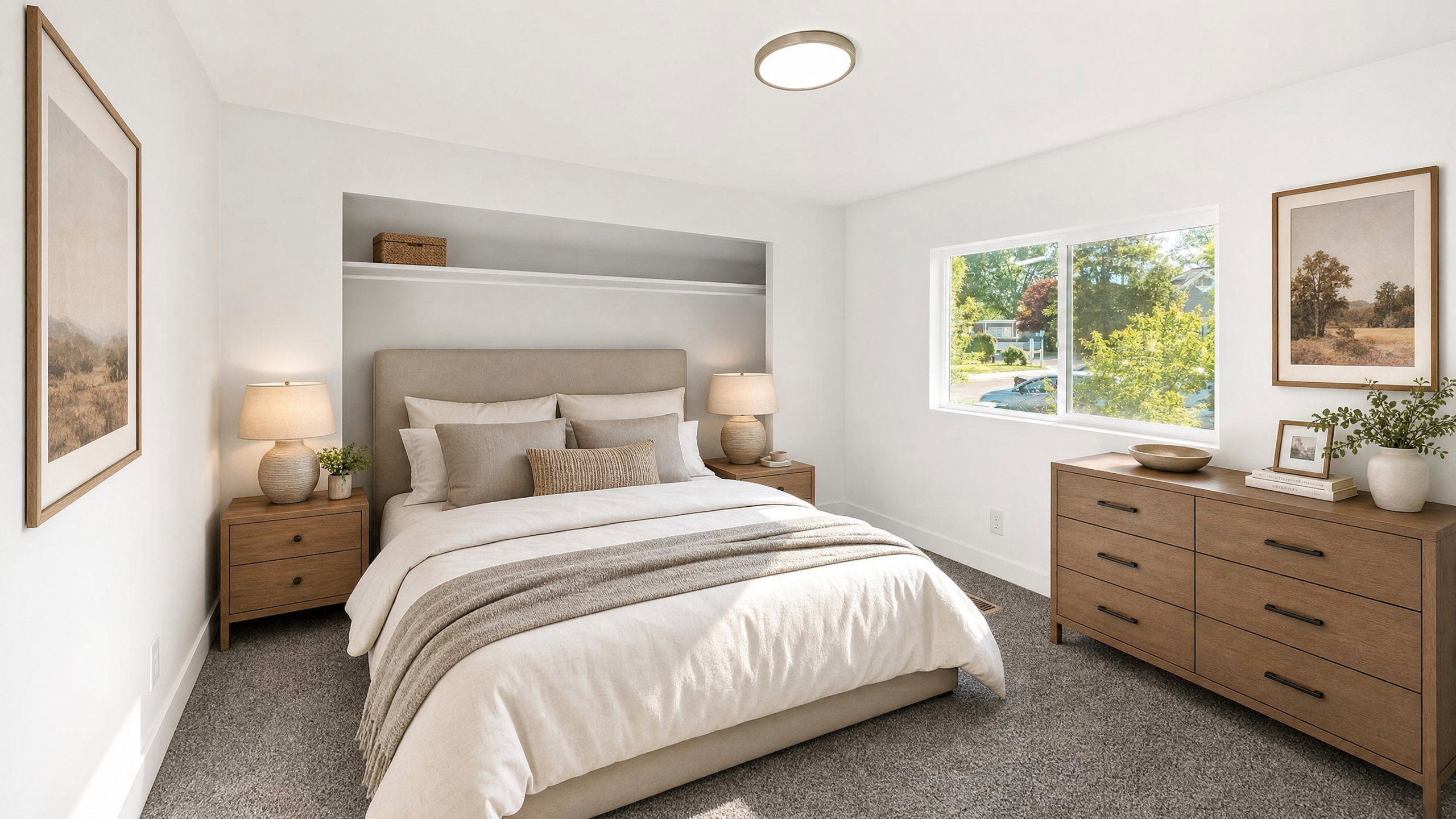 Carpeted bedroom featuring a large window, built-in shelving, flush-mount ceiling lighting, and a neutral color palette