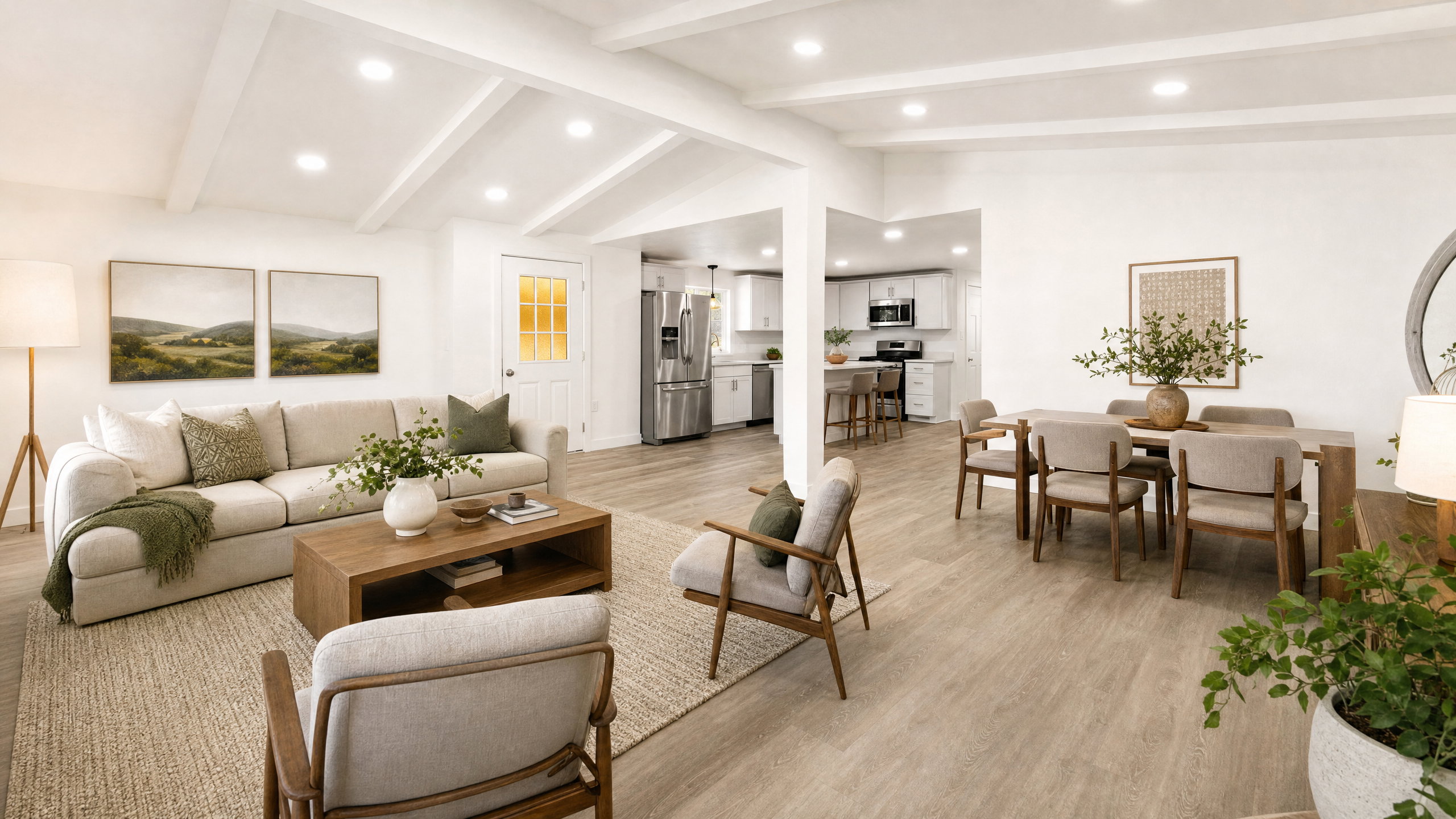 Open-concept living and dining area featuring wood-finish flooring, recessed lighting, and exposed ceiling beams