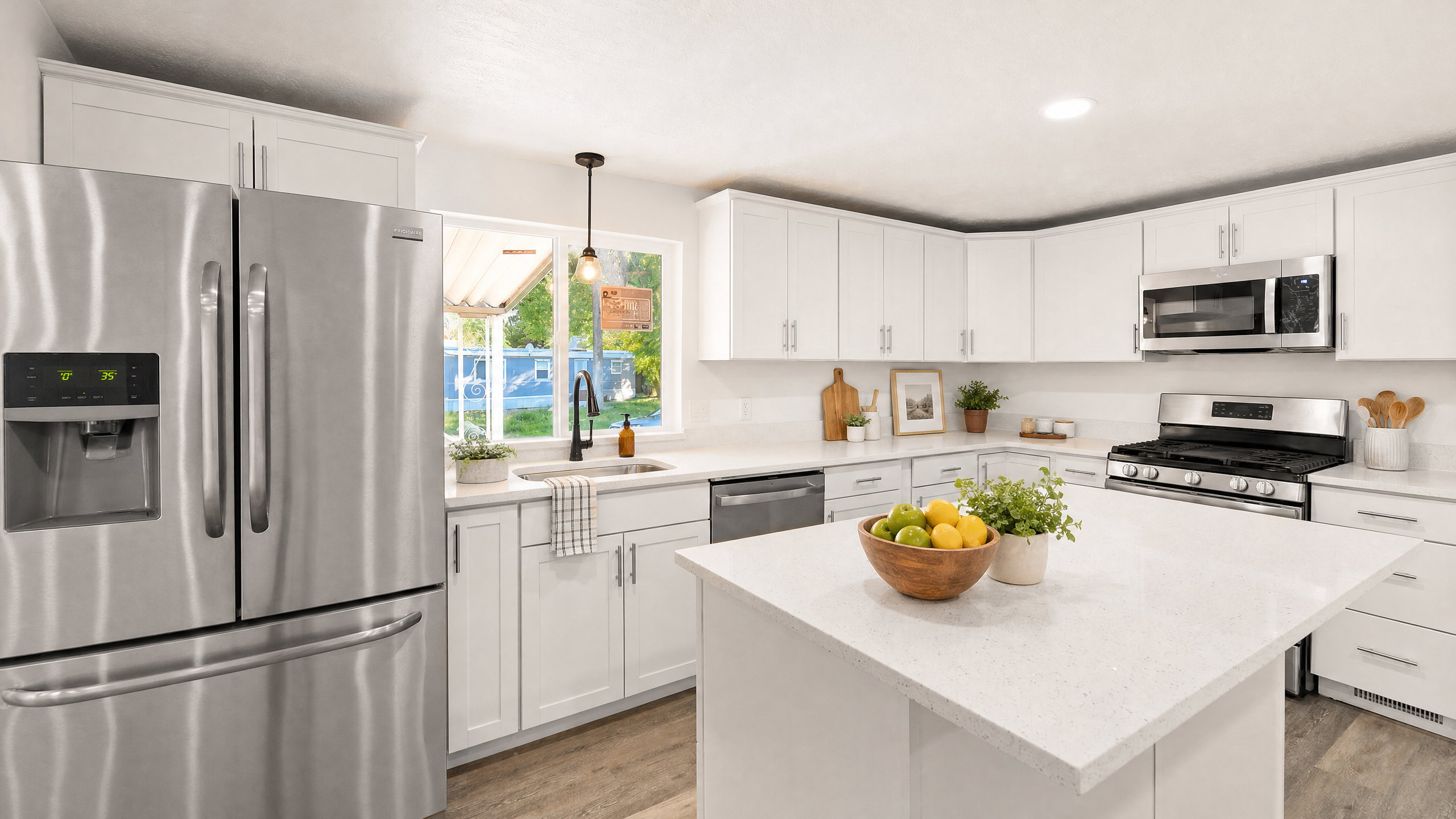 Modern kitchen featuring white shaker cabinetry, stainless steel appliances, light-toned countertops, a central island, and wood-finish flooring