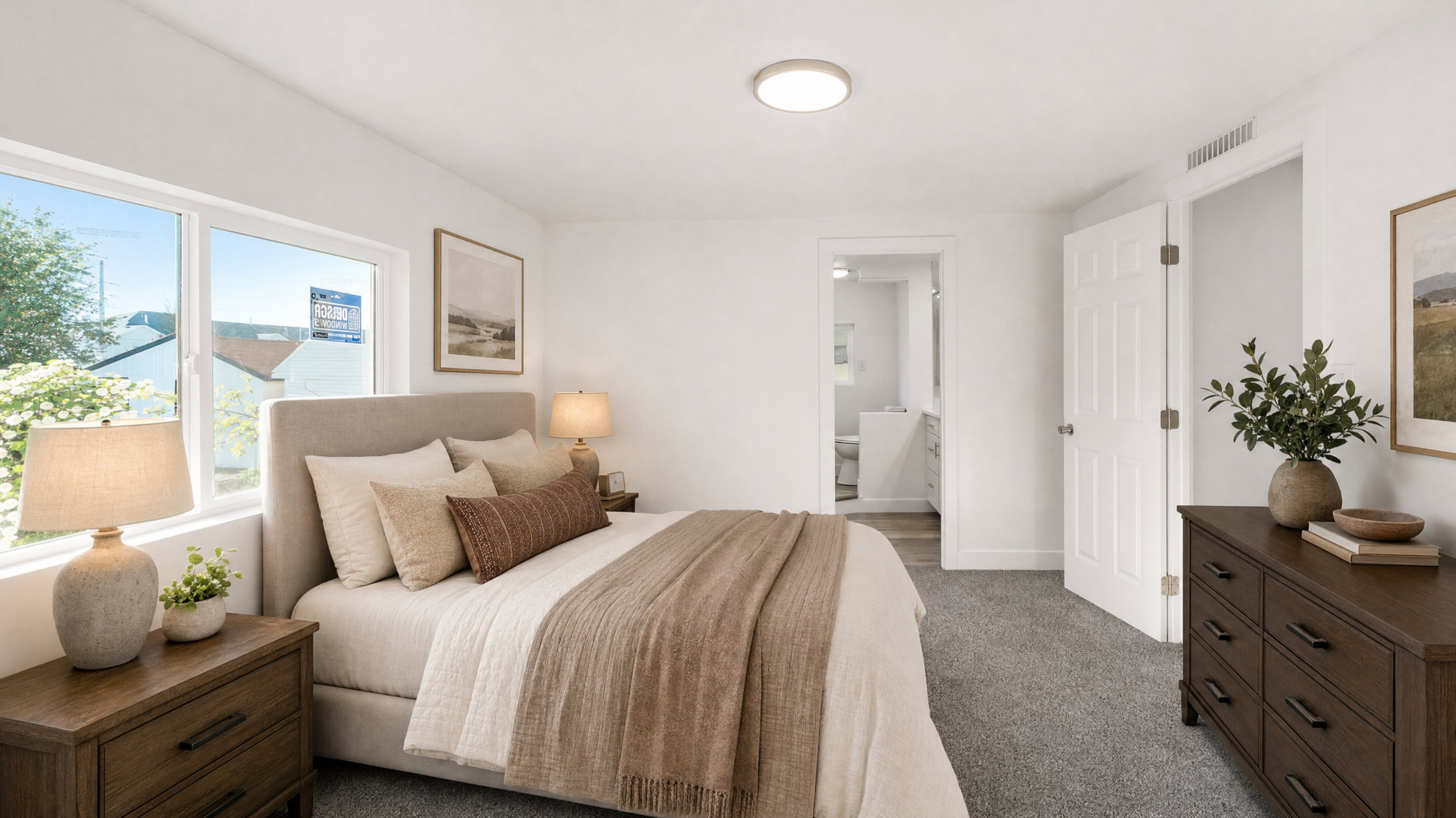 Bright bedroom featuring a large window, plush gray carpeting, a flat panel ceiling light, and an open doorway to an adjacent bathroom