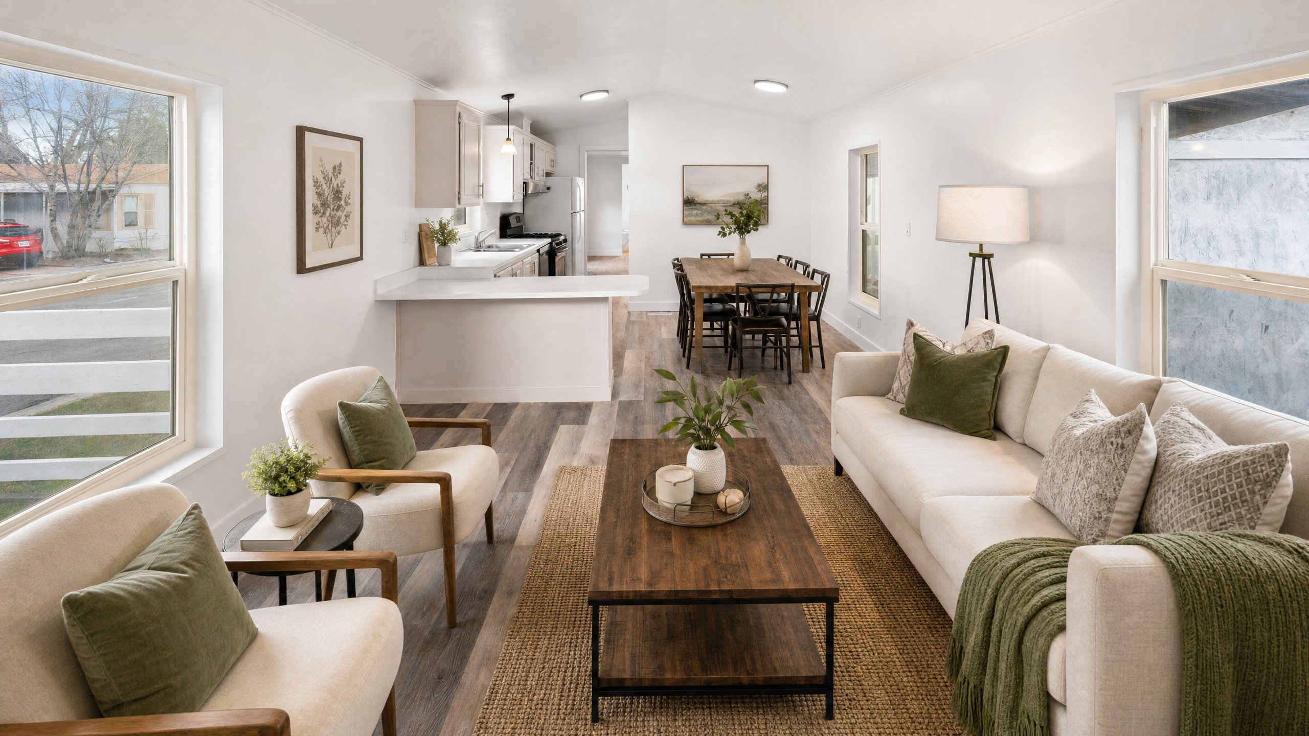 Open-concept living space featuring wood-finish flooring, recessed lighting, a breakfast bar with a light-toned countertop, and light-colored cabinetry