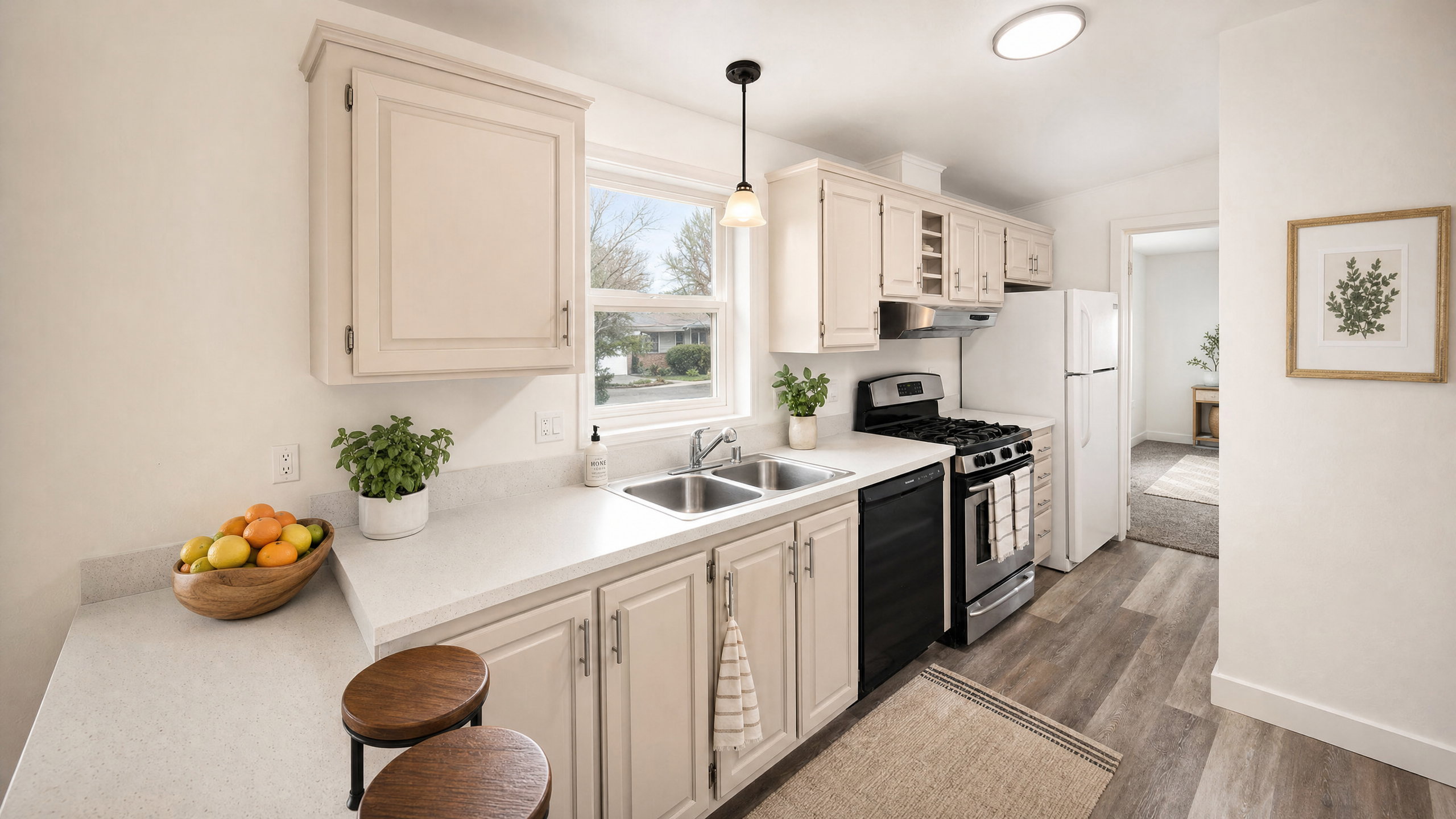 Bright kitchen featuring cream-colored cabinetry, light-toned countertops, and a double basin stainless steel sink
